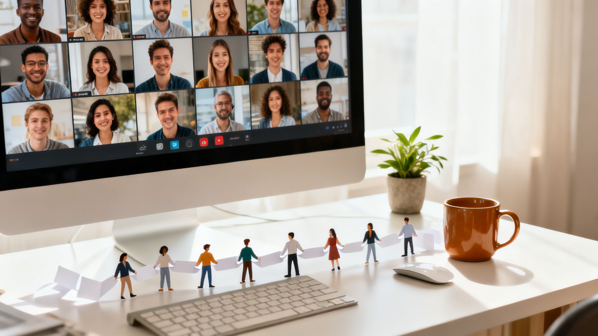 Diverse professionals on a video call, with symbolic paper cut-out figures on a desk.