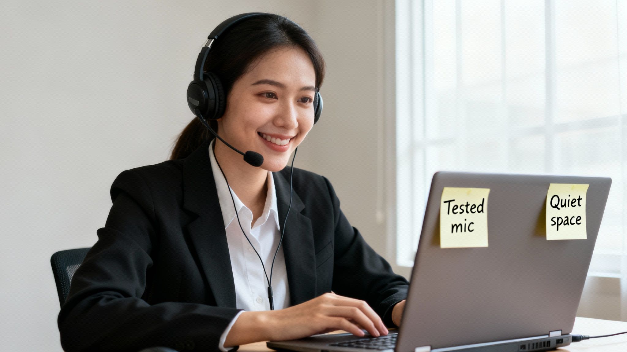 A smiling Asian woman wearing a headset works on her laptop, with notes 'Tested mic' and 'Quiet space' on the screen.
