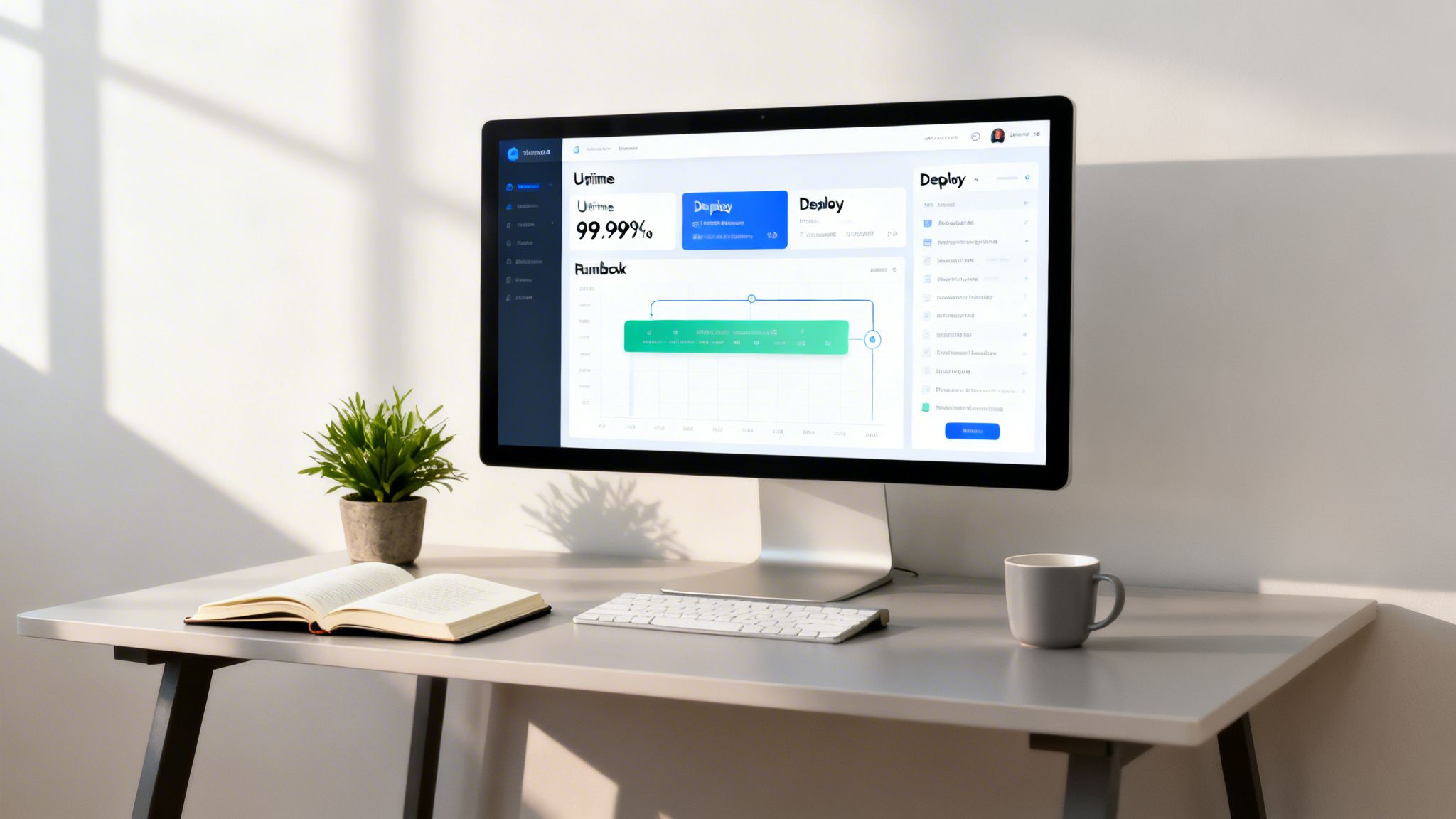 Modern workspace featuring a computer monitor displaying a software dashboard, an open book, and a plant.