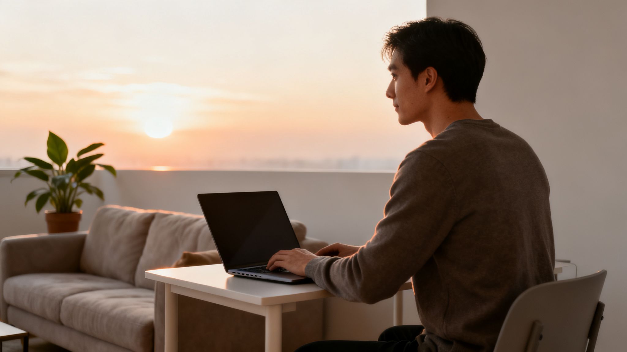 Young man working from home on a laptop during sunset, promoting work-life balance.