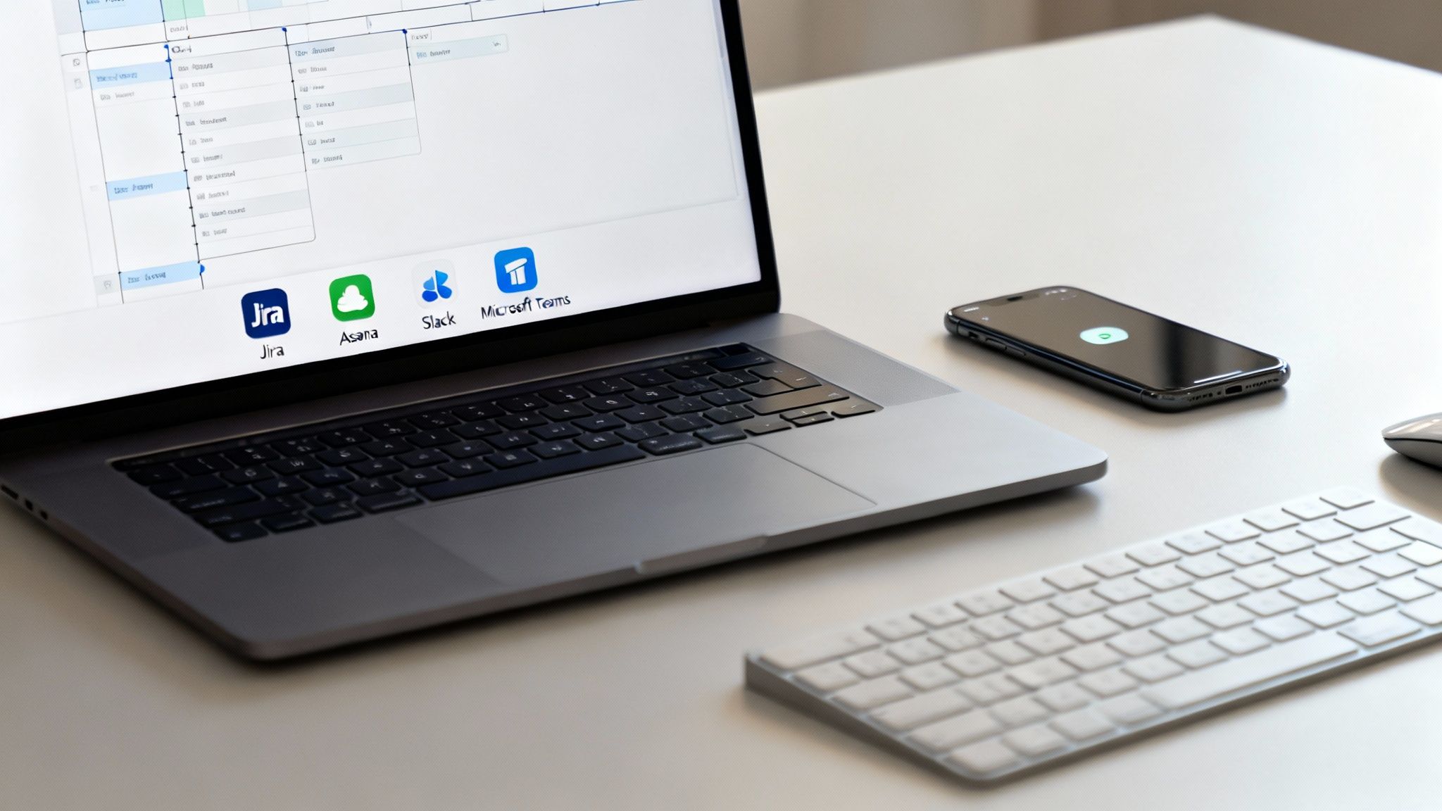 A collage of software logos like Slack, Jira, and Asana on a digital background, representing the remote tech stack.