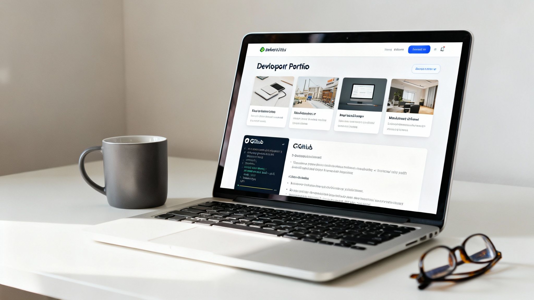 A laptop displaying a developer portfolio website, a grey coffee mug, and eyeglasses on a white desk.