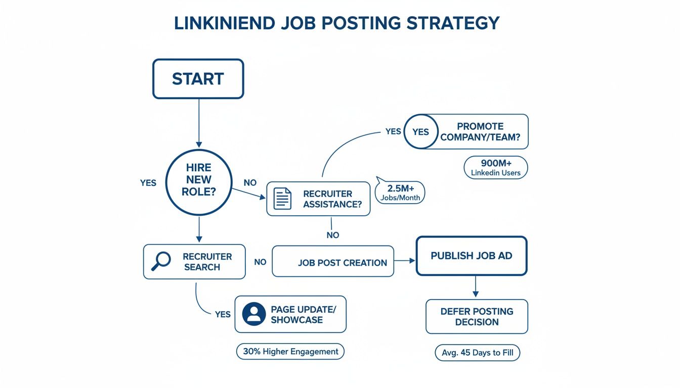 Flowchart detailing the LinkedIn job posting strategy, covering roles, recruiter assistance, and publishing decisions.