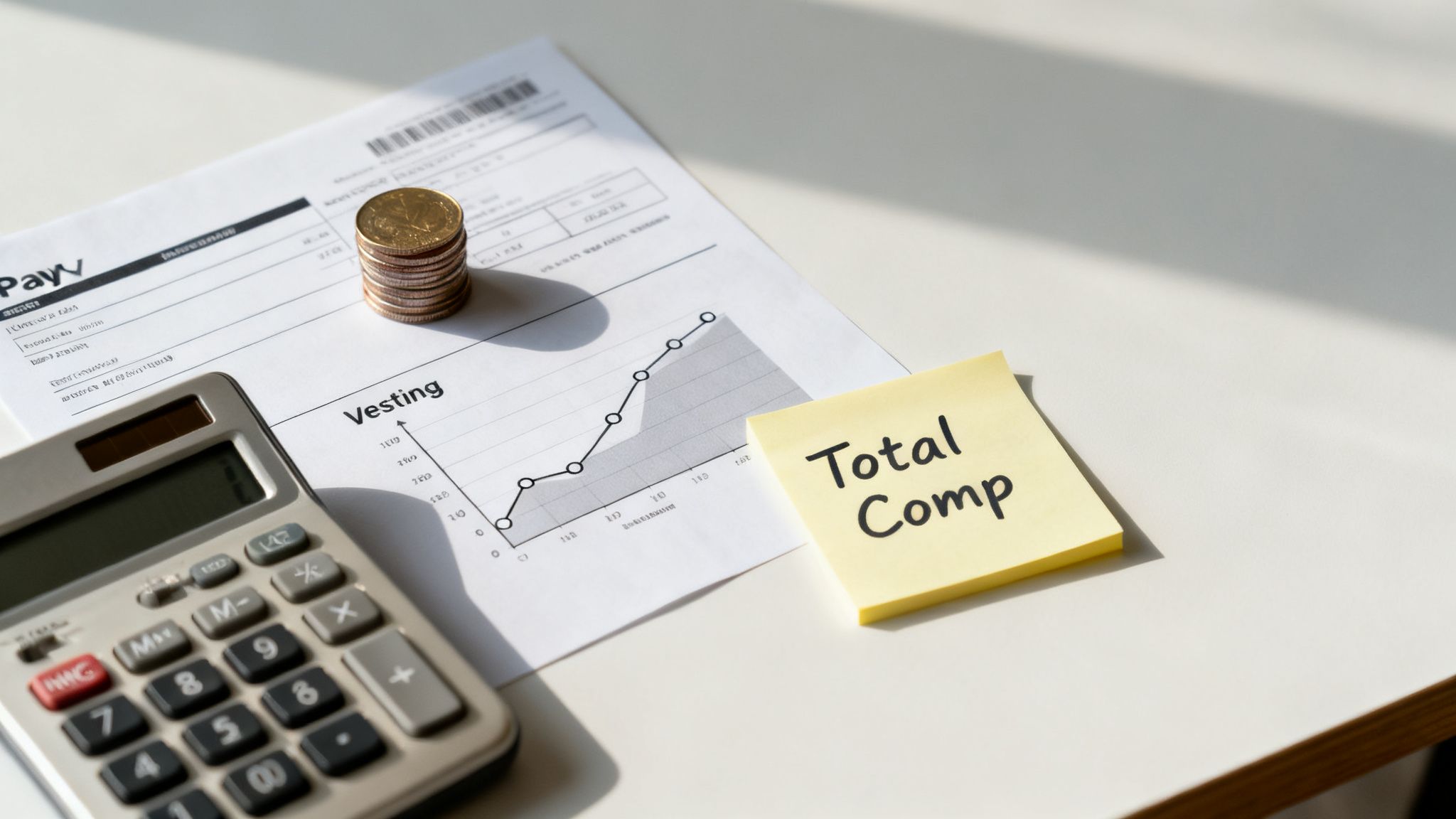 A desk setup with a calculator, stacked coins, a vesting graph document, and a 'Total Comp' sticky note, symbolizing financial planning.