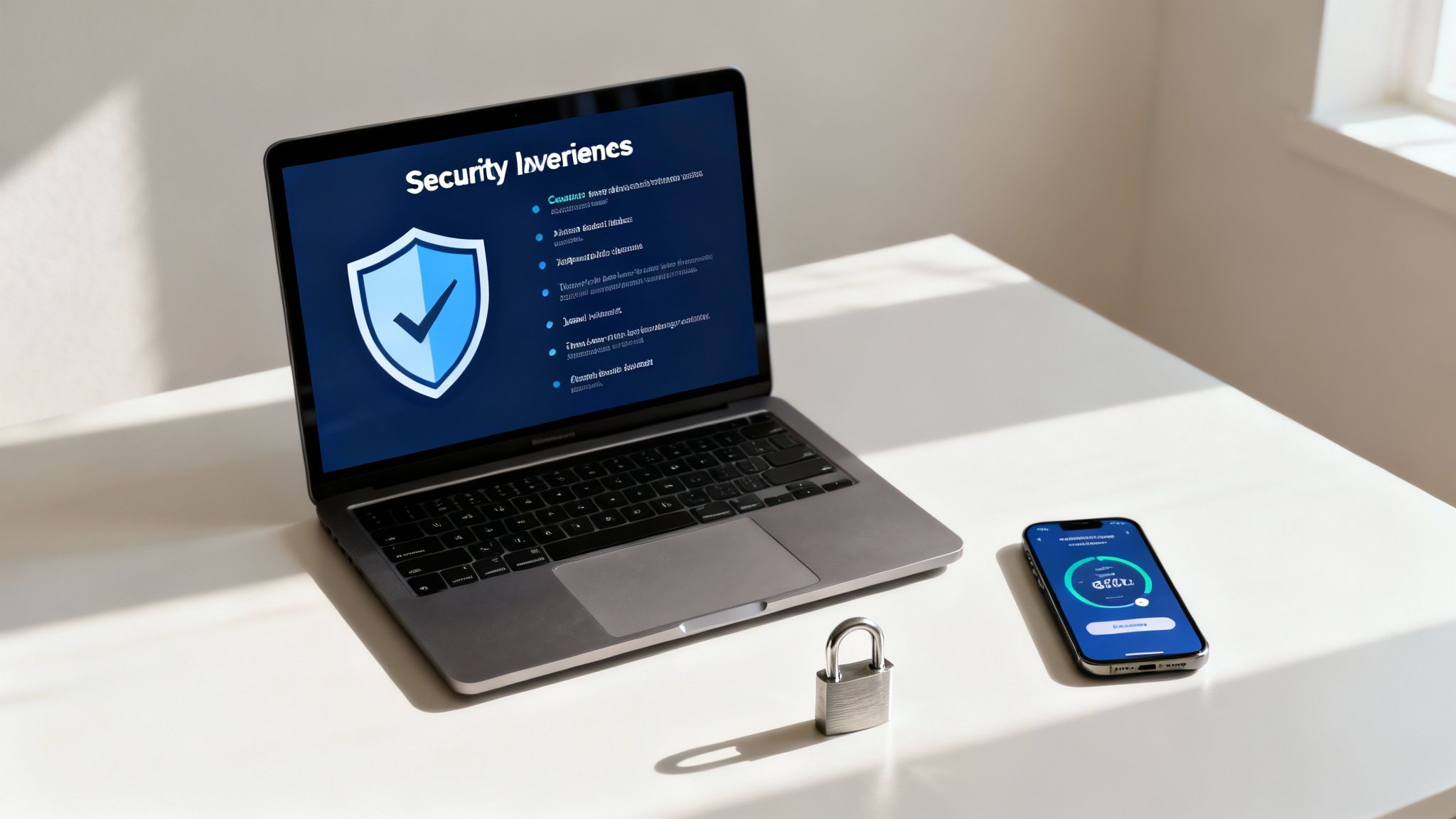 Laptop displaying security inventories checklist with shield icon, smartphone and padlock on white desk