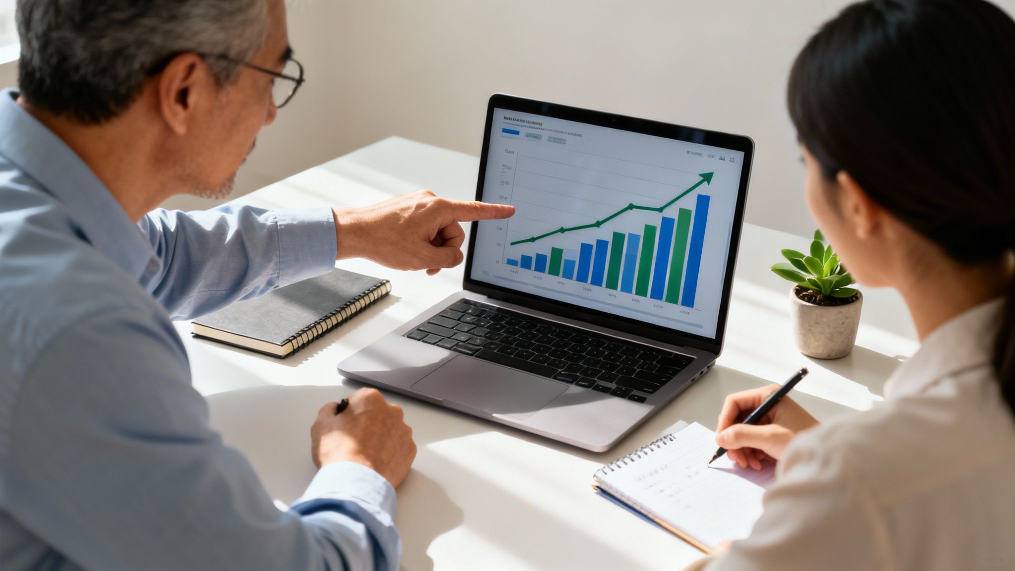 Two business professionals analyzing a laptop screen showing a growth graph, one pointing, the other taking notes.