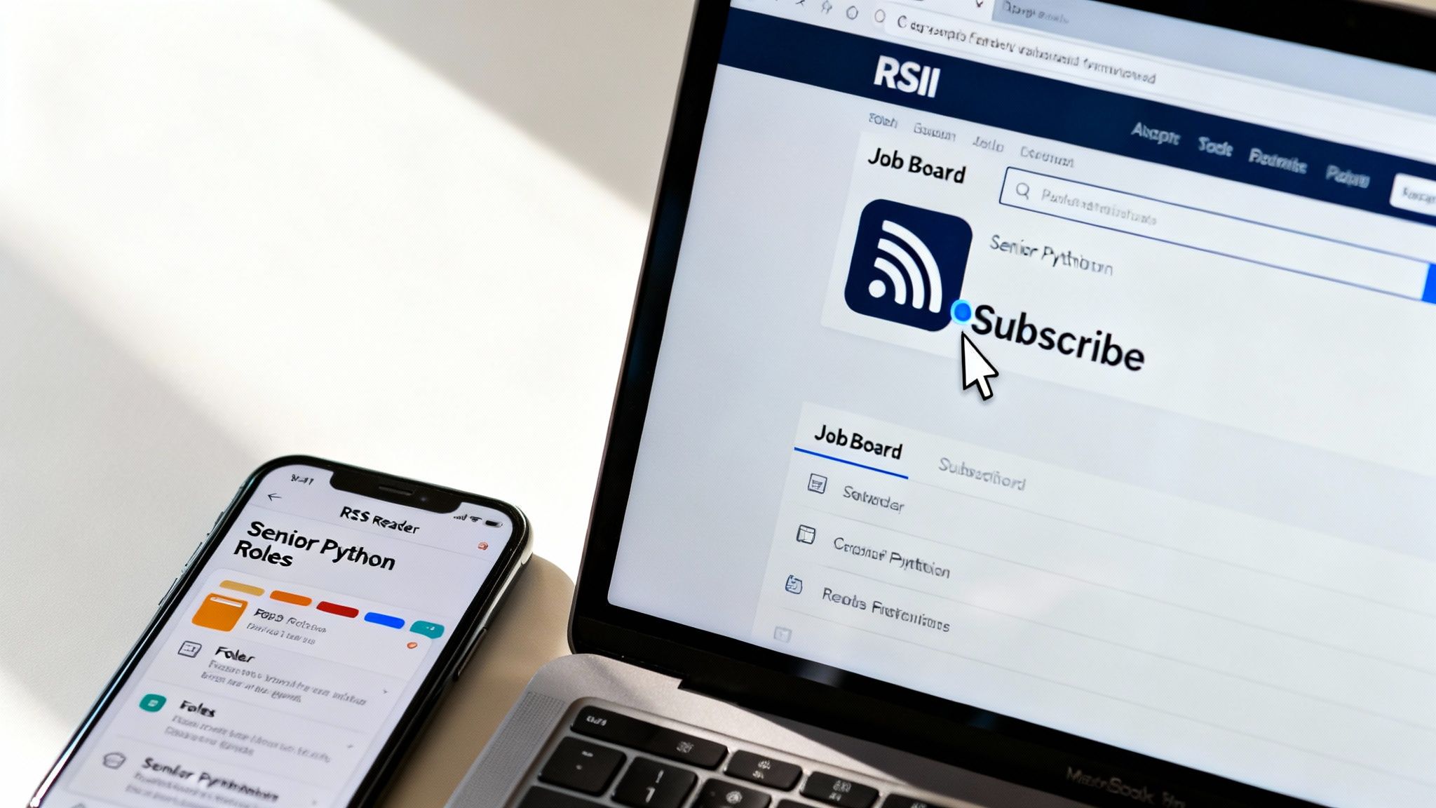 A laptop shows a job board with an RSS subscribe button, next to a phone displaying an RSS reader with senior Python roles.