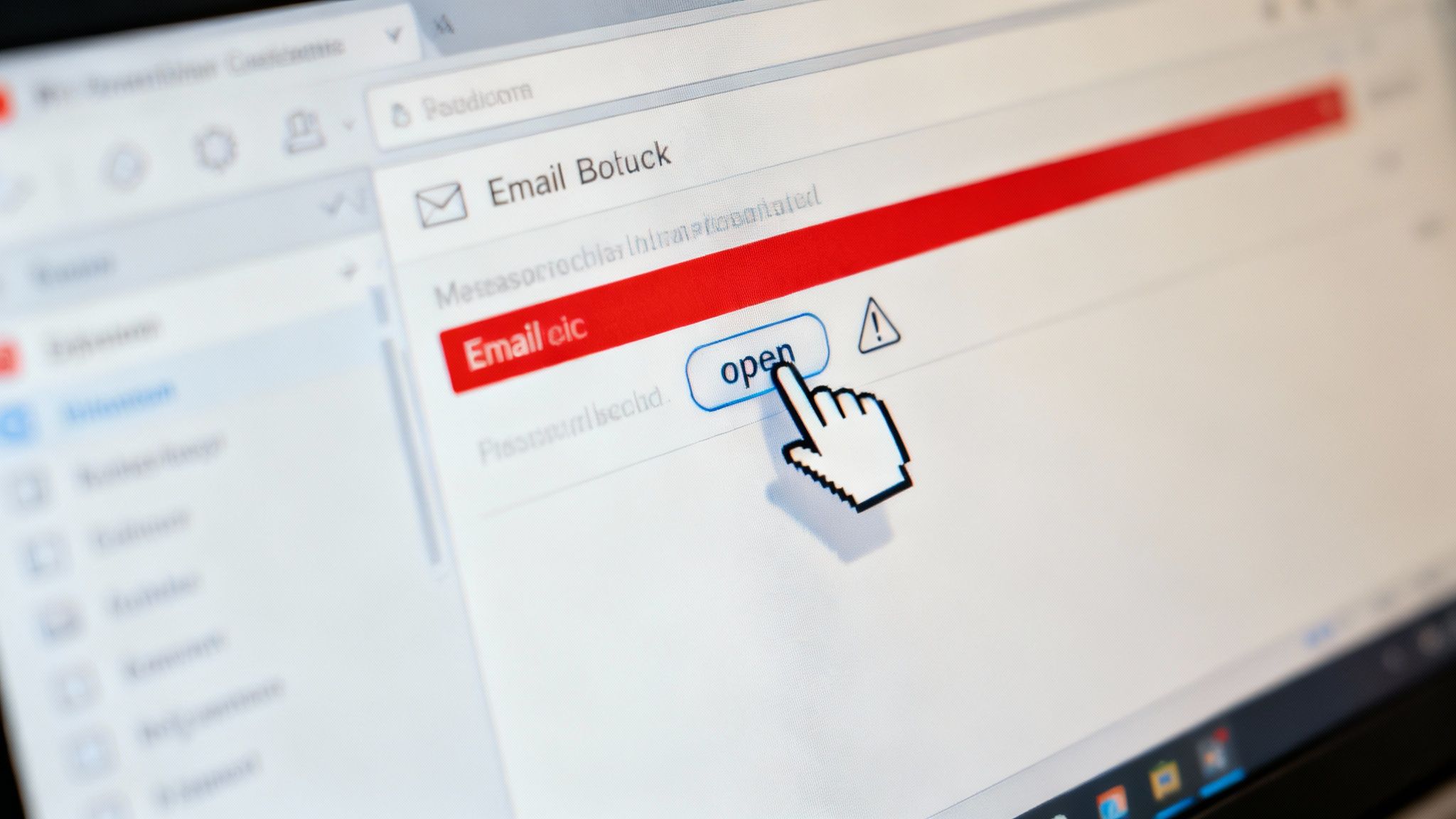 A person's hand hovering over a mouse, with a magnifying glass icon over the cursor, symbolizing careful clicking and inspection.