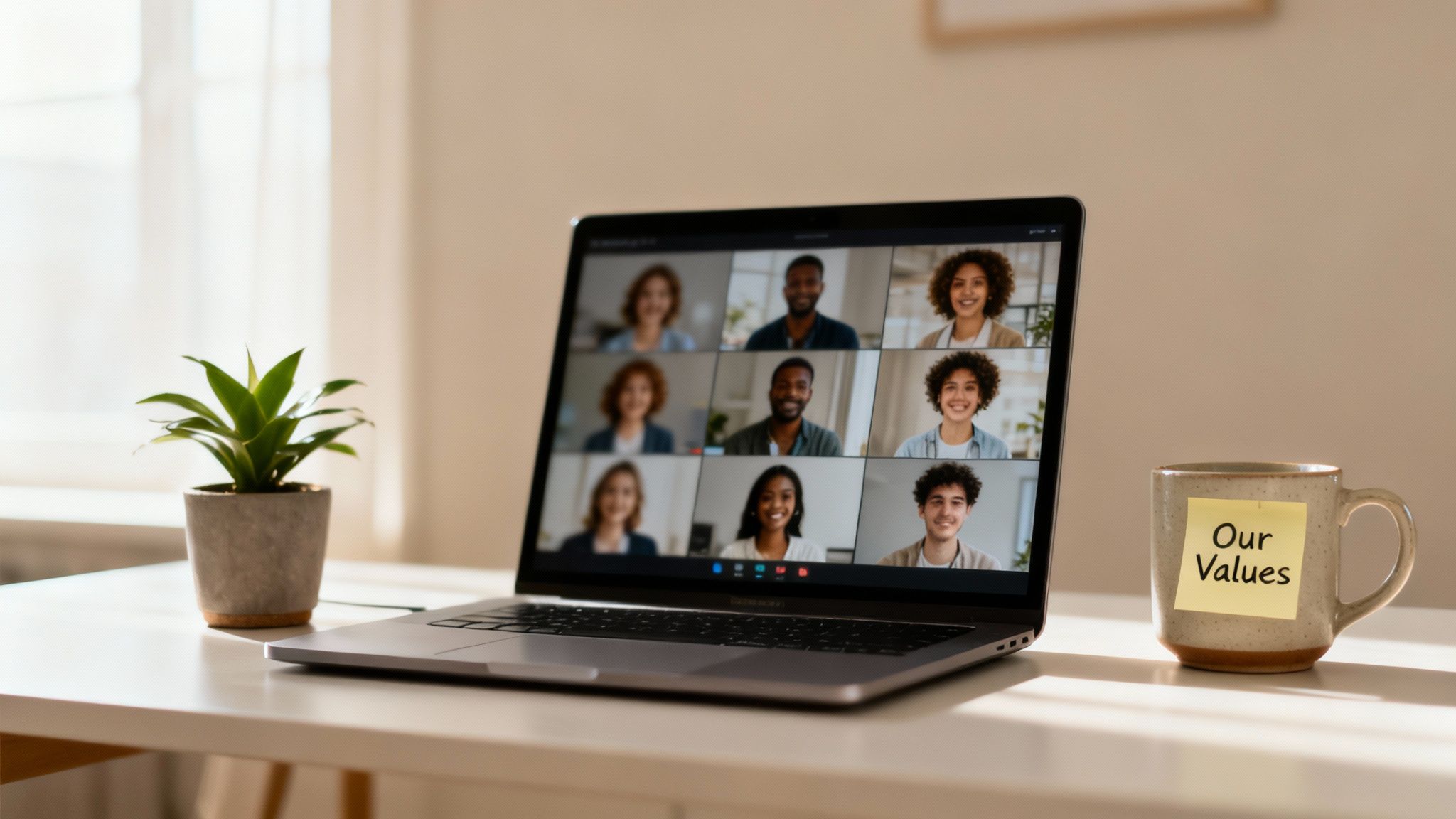 Laptop showing a video conference with diverse team members, a plant, and a mug with 'Our Values' on a desk.