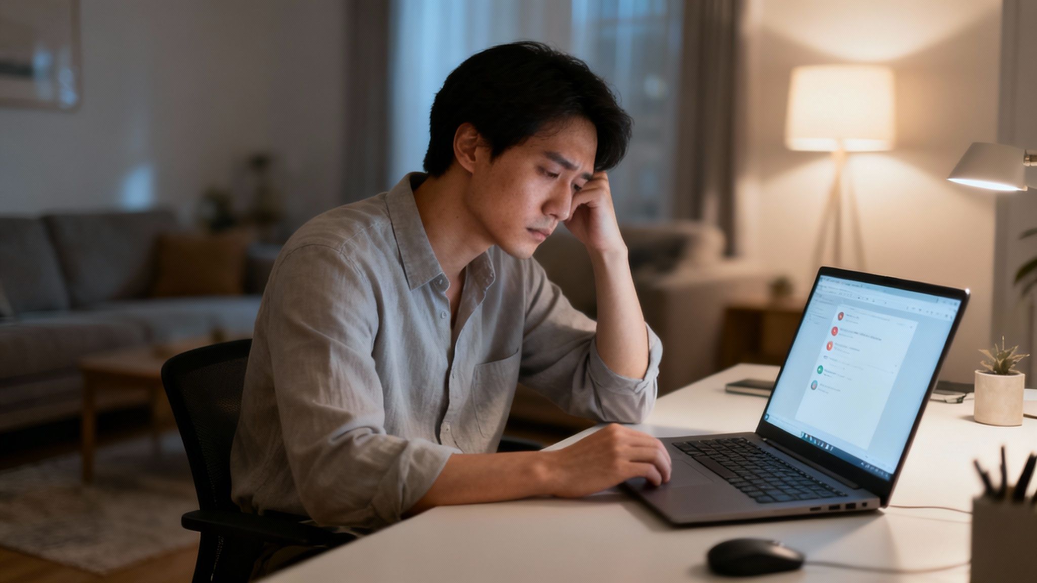 A person working on a laptop at a home desk, with a clear separation from their cozy living room in the background.