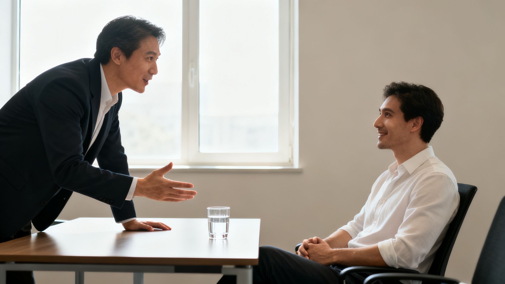 Two men in a professional setting, one leaning on a desk and gesturing while the other listens.