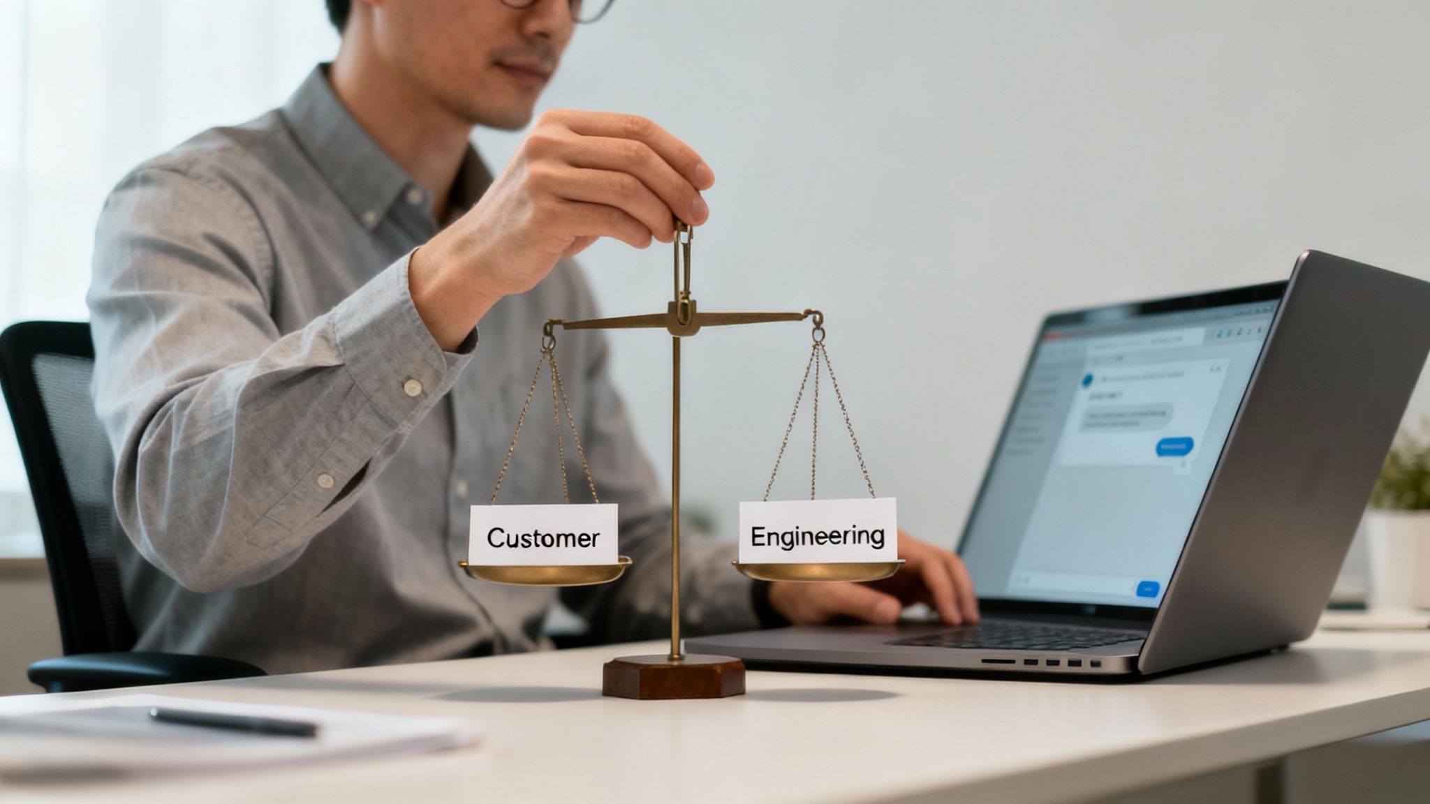 A person holds a balance scale comparing 'Customer' and 'Engineering' priorities while working on a laptop.