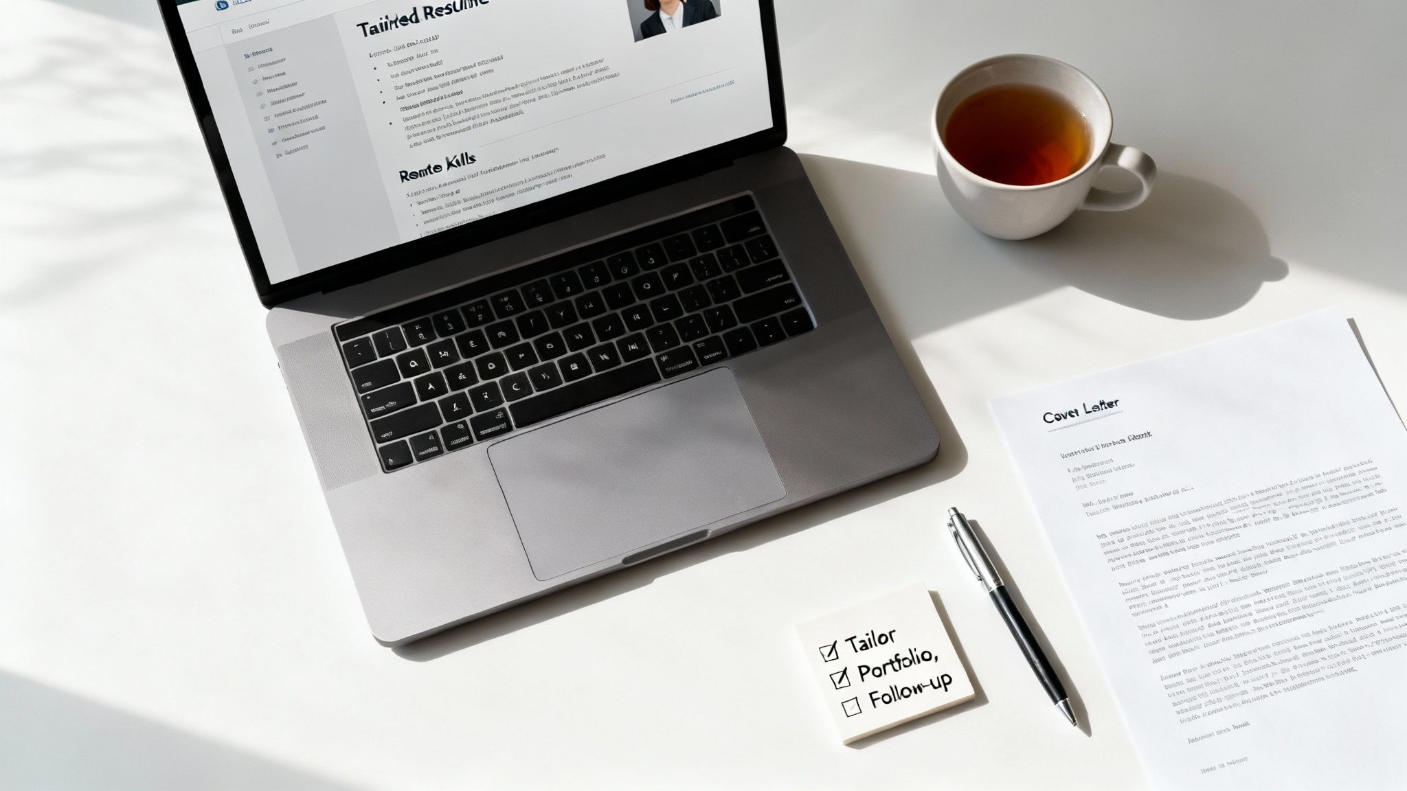 A person at a clean desk with a laptop, tailoring their resume for a remote project management job application.