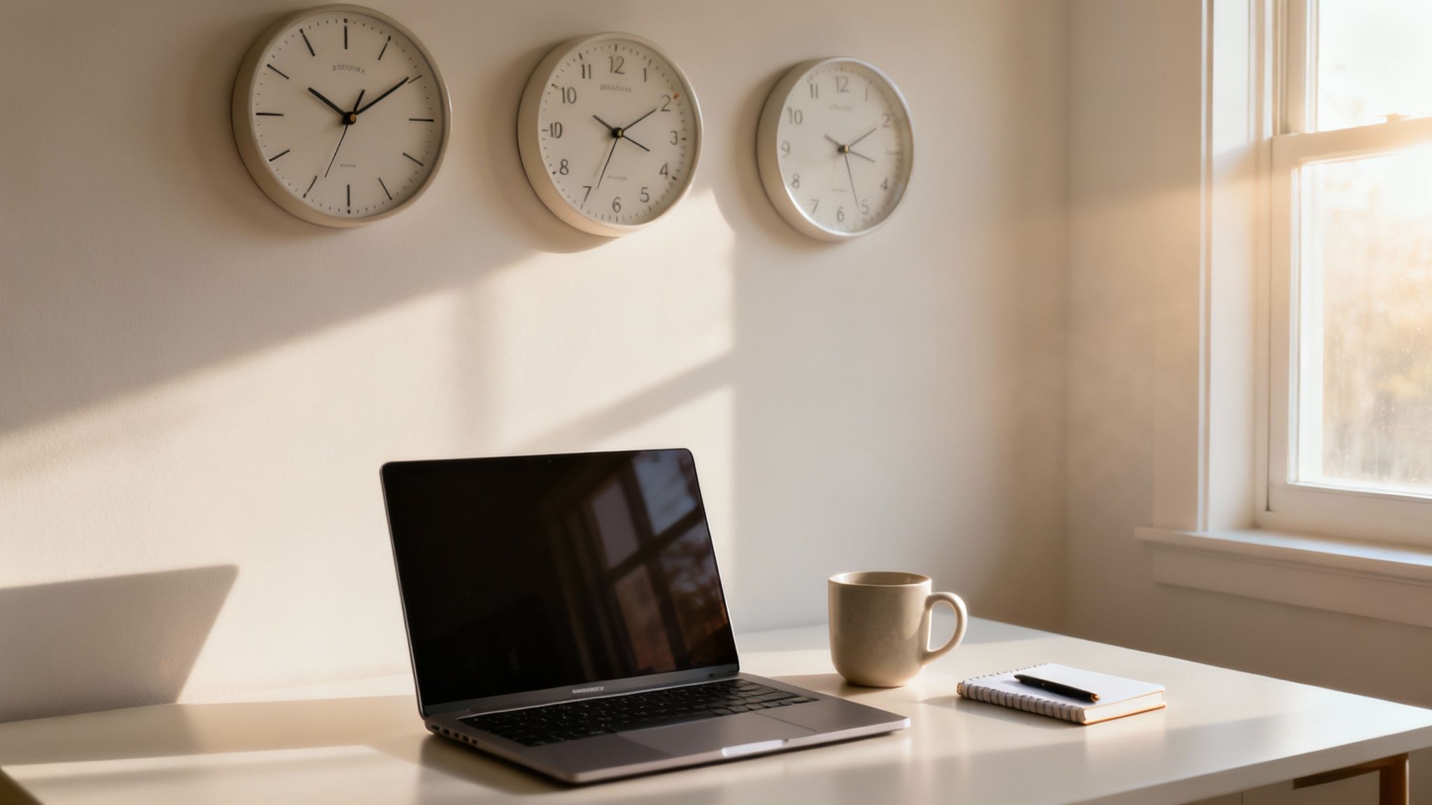 A brightly lit home office desk with a laptop, coffee mug, and three clocks on the wall.