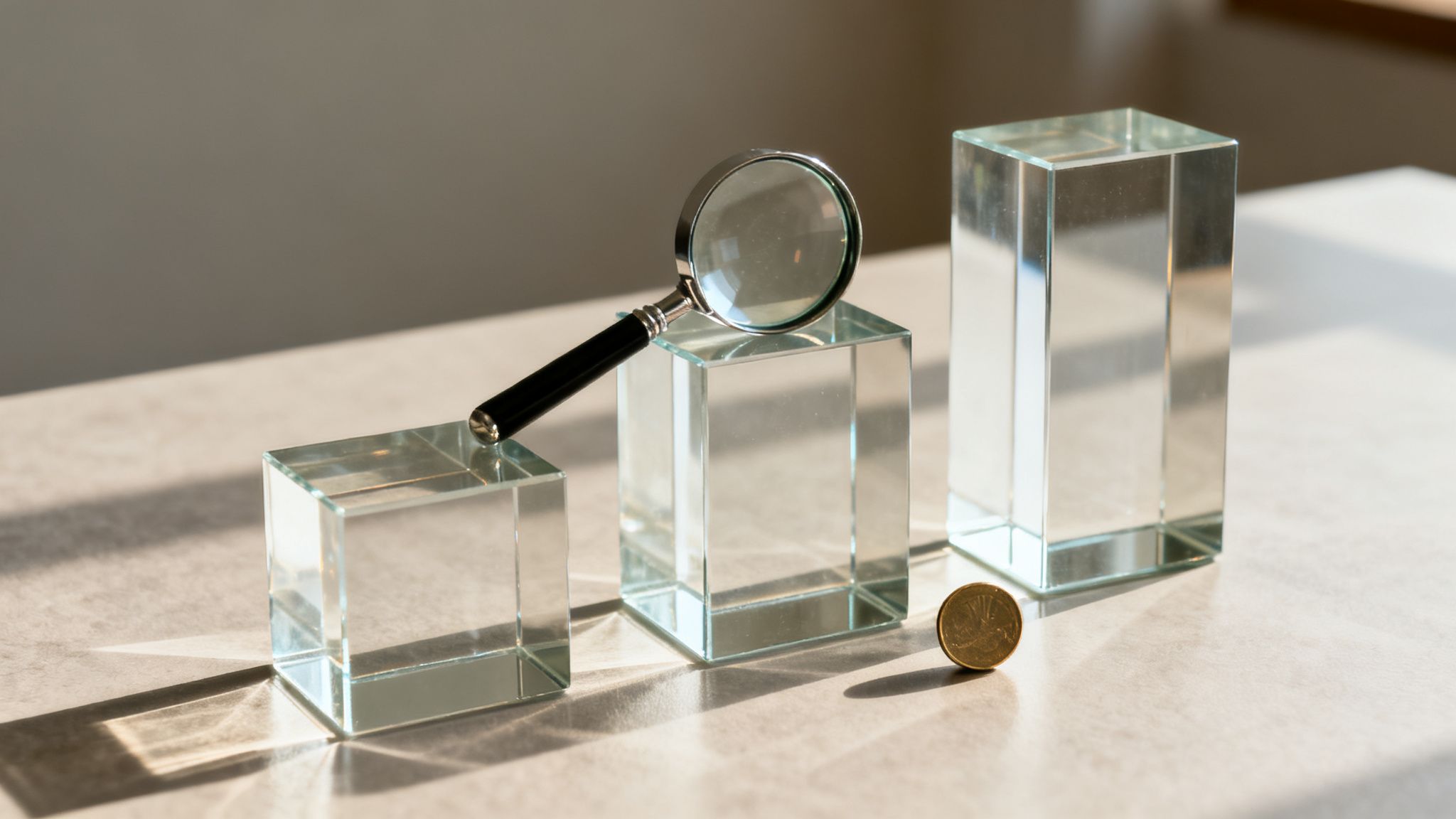 Financial growth concept with clear glass blocks, a magnifying glass, and a gold coin.