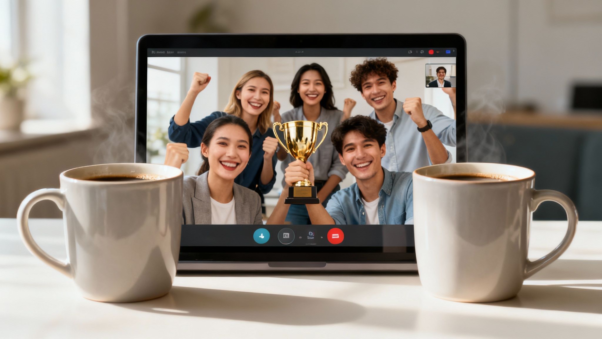 A diverse group of people in a virtual meeting, smiling and engaging with each other on a laptop screen.