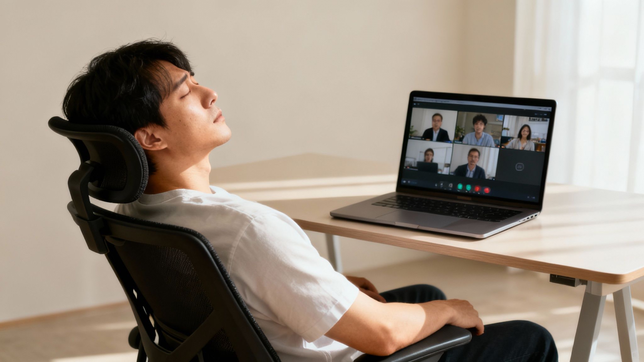 A person looking tired in front of a laptop screen with multiple video call windows