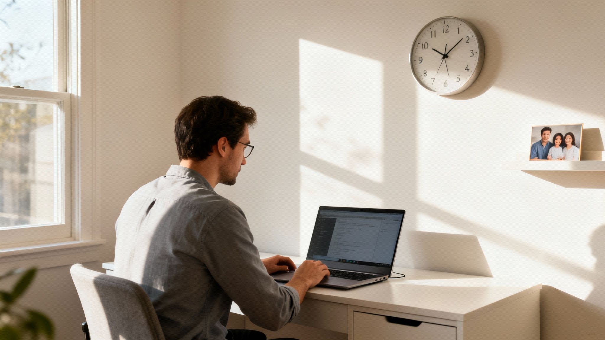 A man in glasses works on a laptop at a white desk in a sunlit home office.