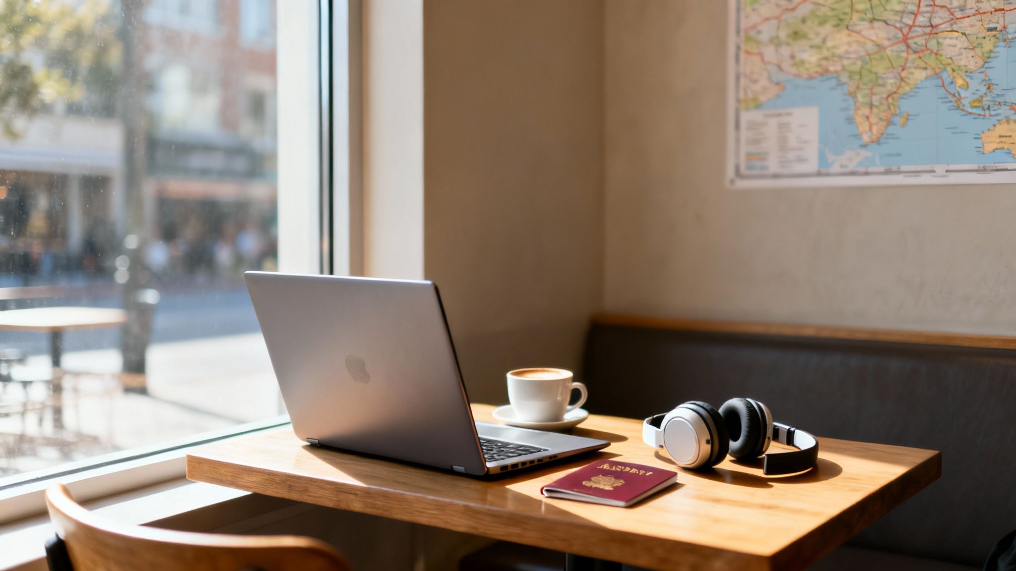 A laptop, coffee, passport, and headphones on a cafe table by a sunny window, perfect for digital nomads.