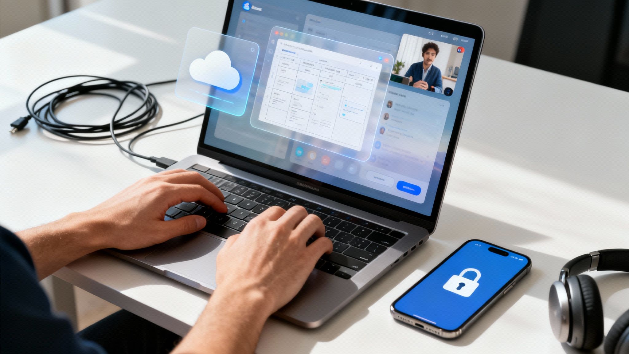 Person typing on a laptop with cloud storage and video call interfaces, next to a smartphone with a lock icon, symbolizing secure remote work.