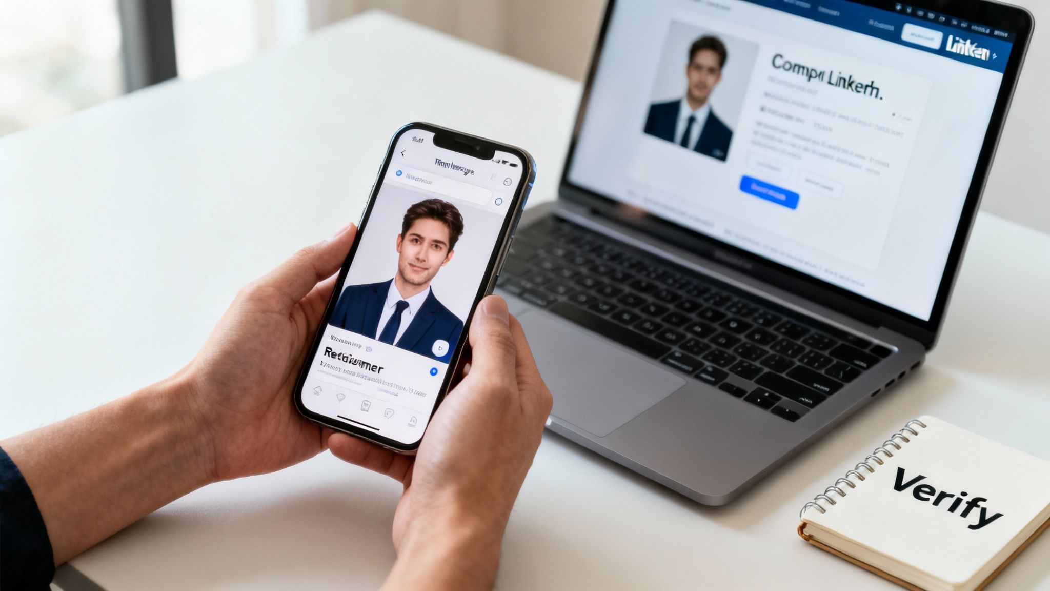 Hands holding a smartphone displaying a professional profile, with a laptop showing a similar profile and a 'Verify' notebook.