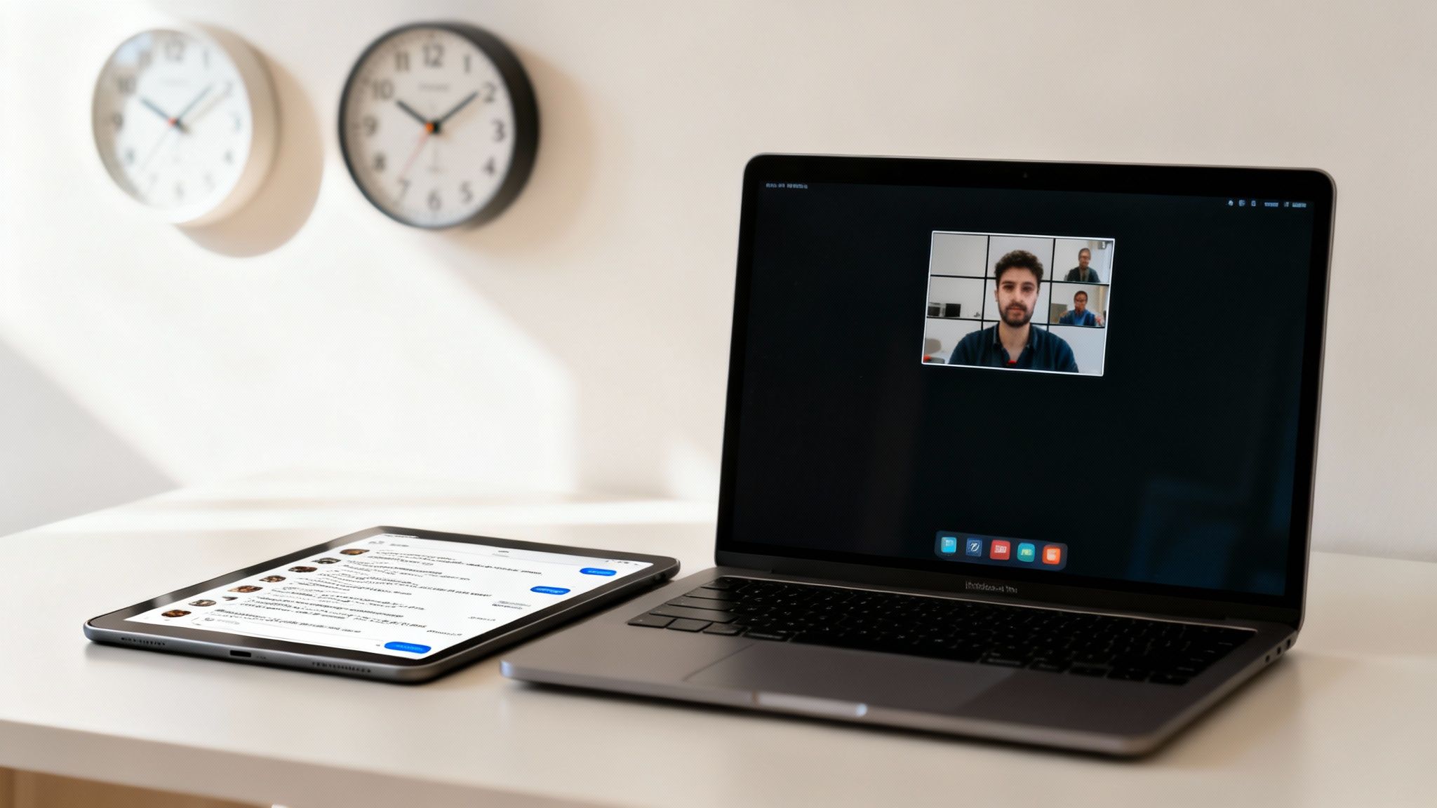 A home office setup featuring a laptop displaying a video conference, a tablet, and wall clocks.