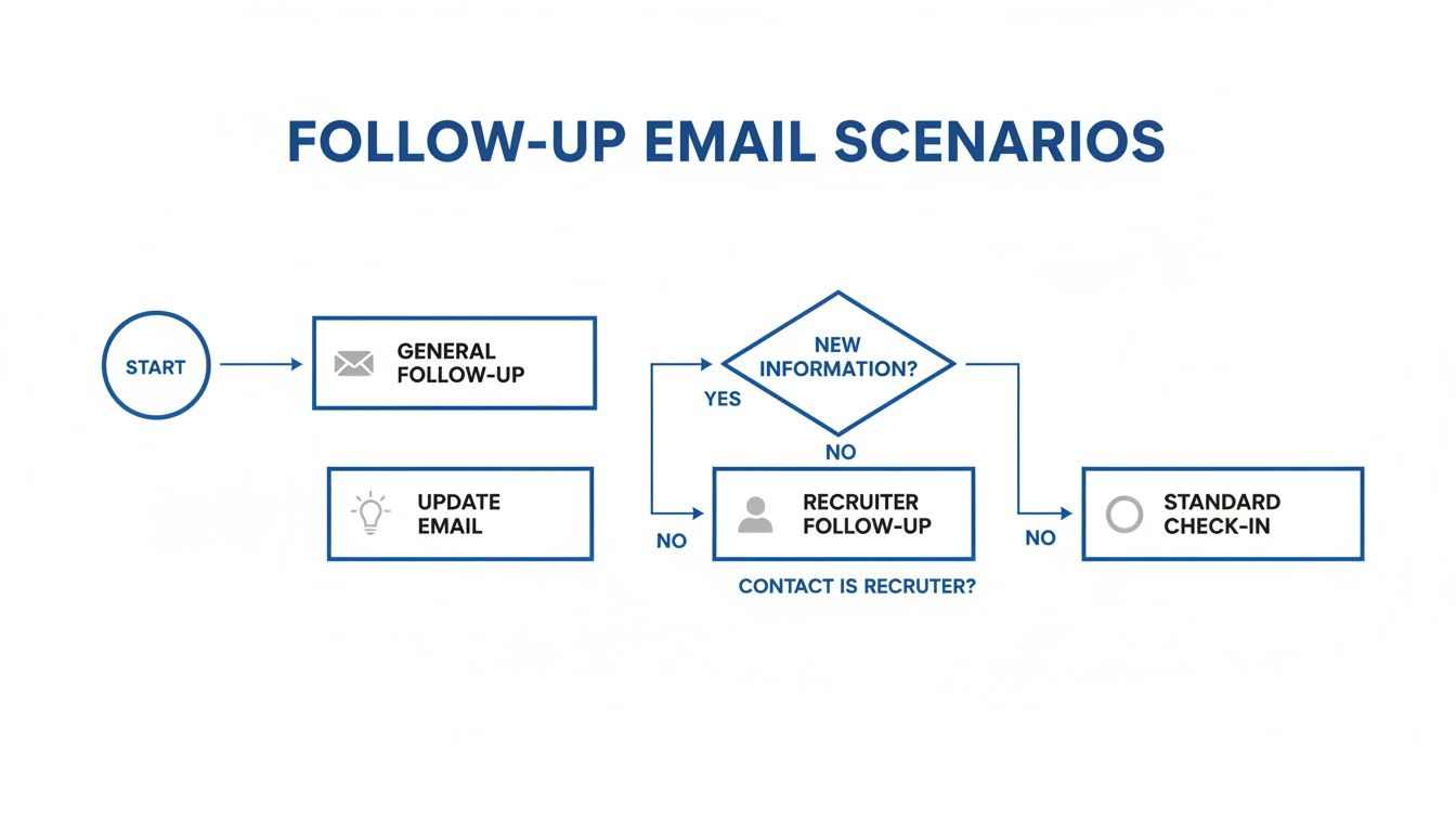 A flowchart titled 'Follow-Up Email Scenarios' showing paths for general, update, recruiter, and standard check-in emails.