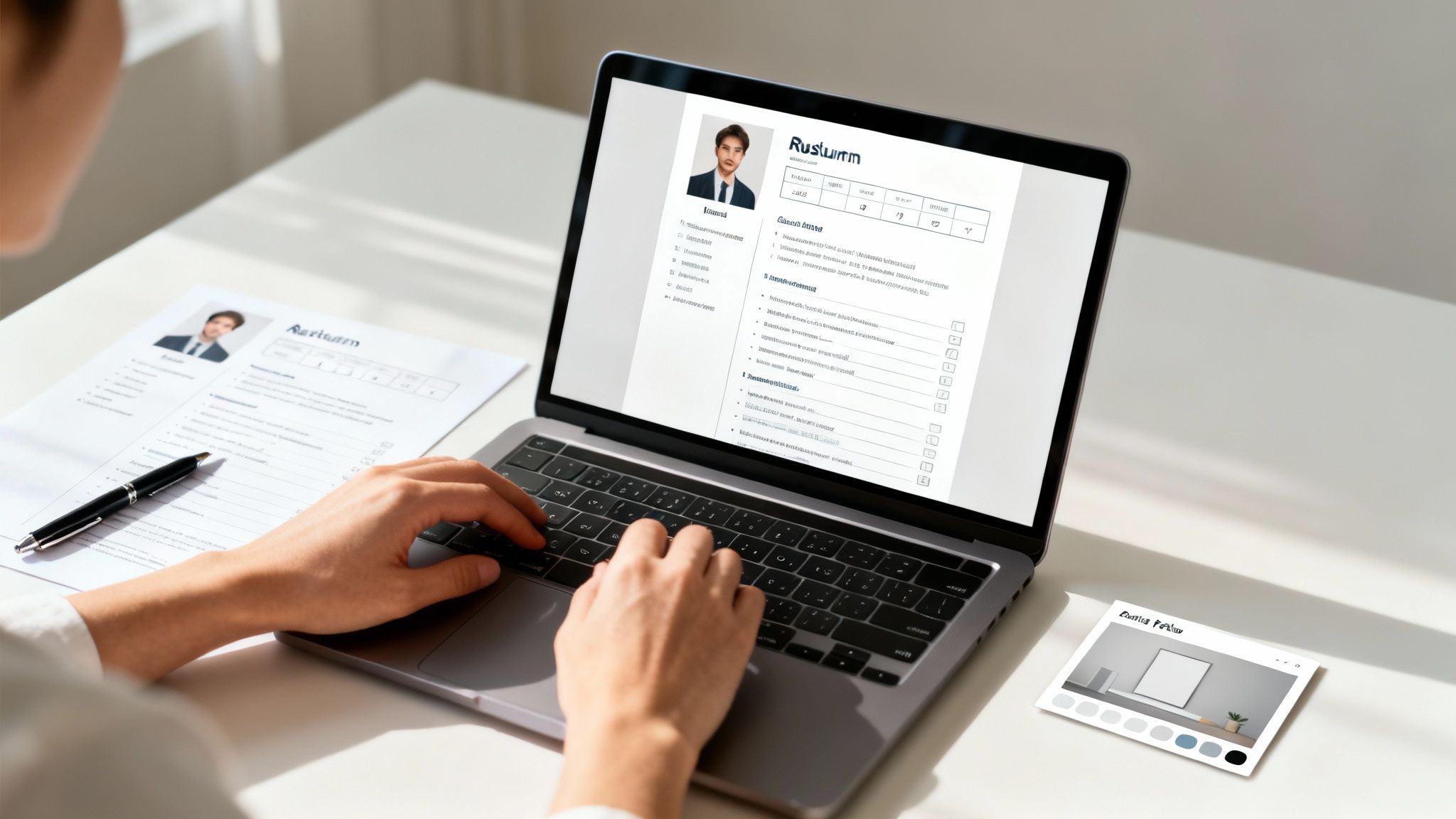 A person types on a laptop, editing a resume for remote job applications.