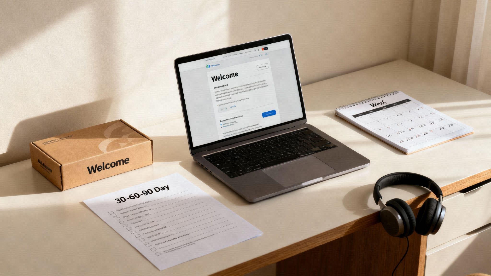 Laptop displaying welcome screen on desk with onboarding checklist, calendar, and headphones for remote work