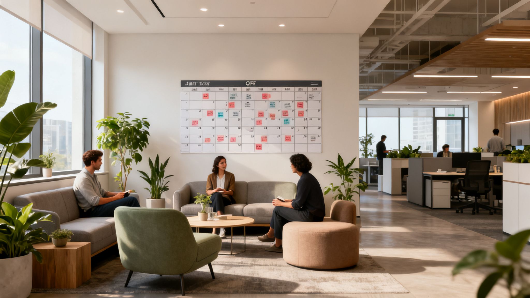 People collaborating in a modern office lounge with plants and a large wall calendar.