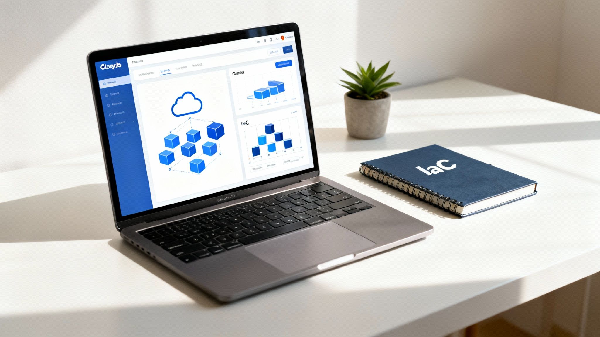 A laptop on a white desk displays a cloud computing dashboard, alongside a notebook and plant.
