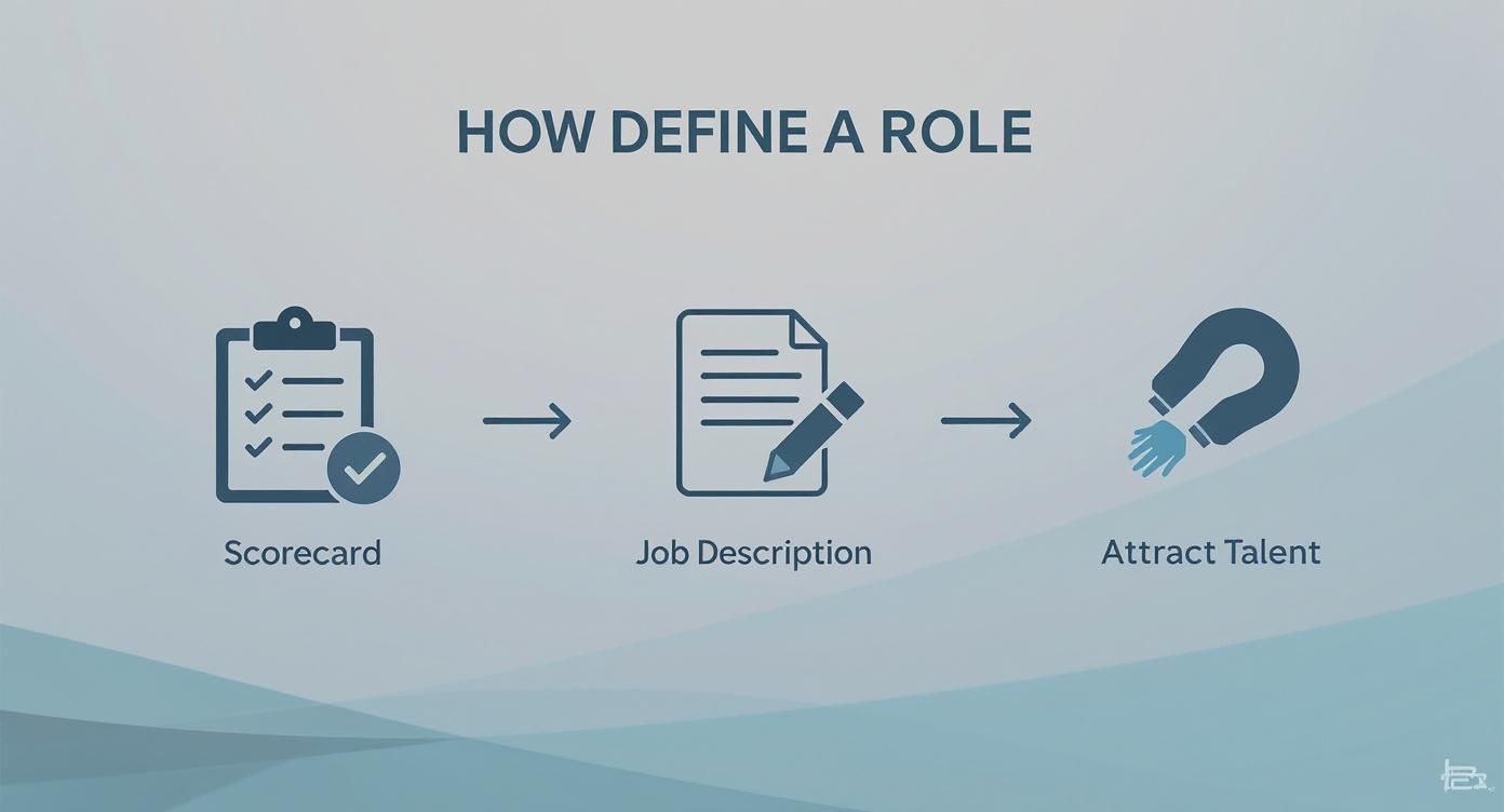 Visual workflow showing three steps to define a role: scorecard, job description, and attract talent