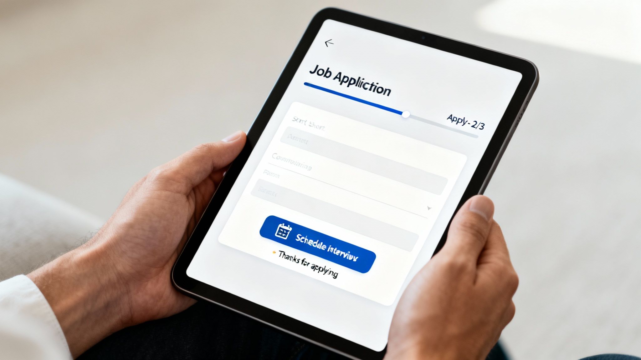 A person holds a tablet displaying a job application form with a progress bar and a 'Schedule interview' button.