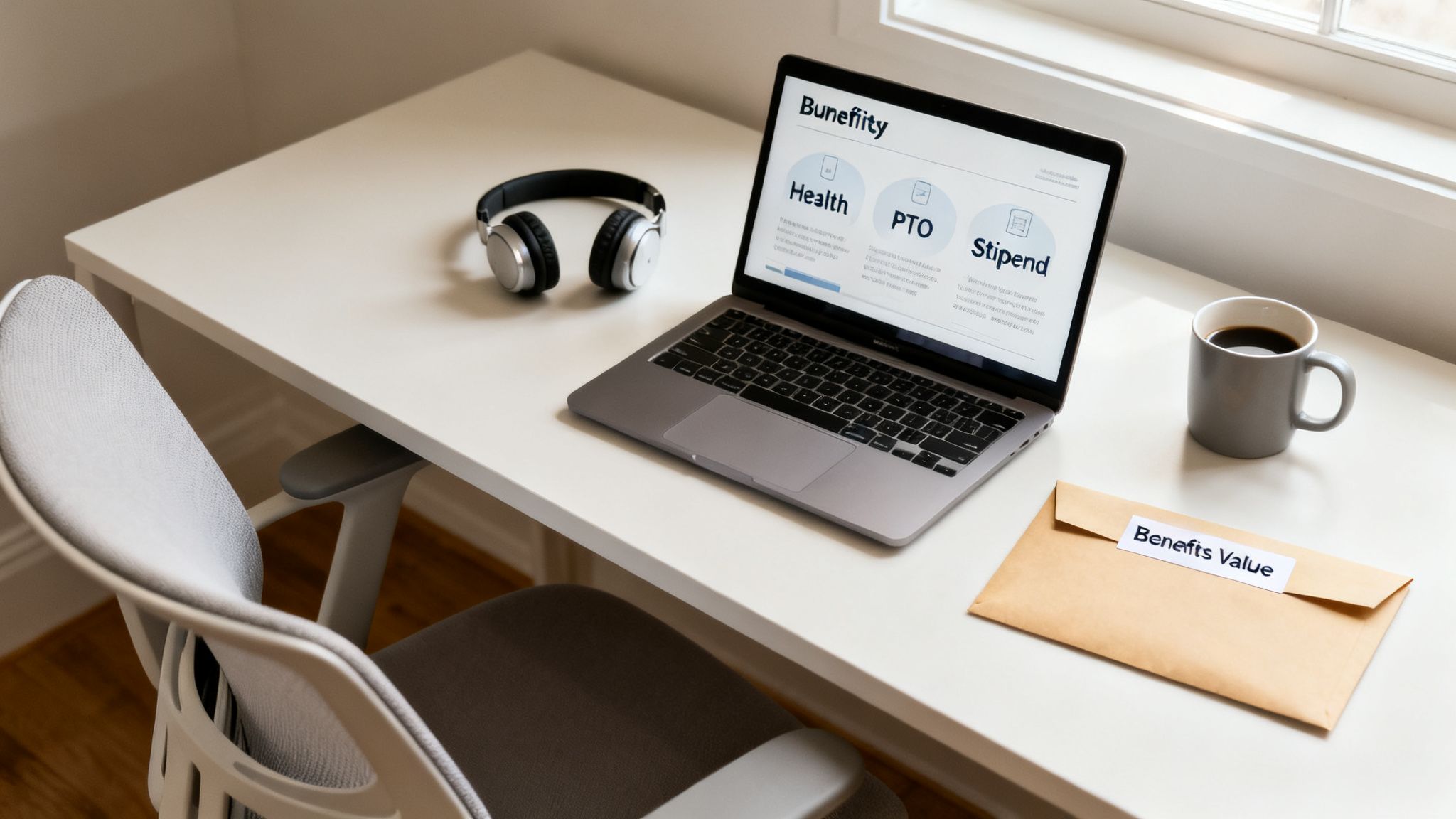 A laptop displays job benefits on a clean desk with headphones, coffee, and an envelope labeled 'Benefits Value'.