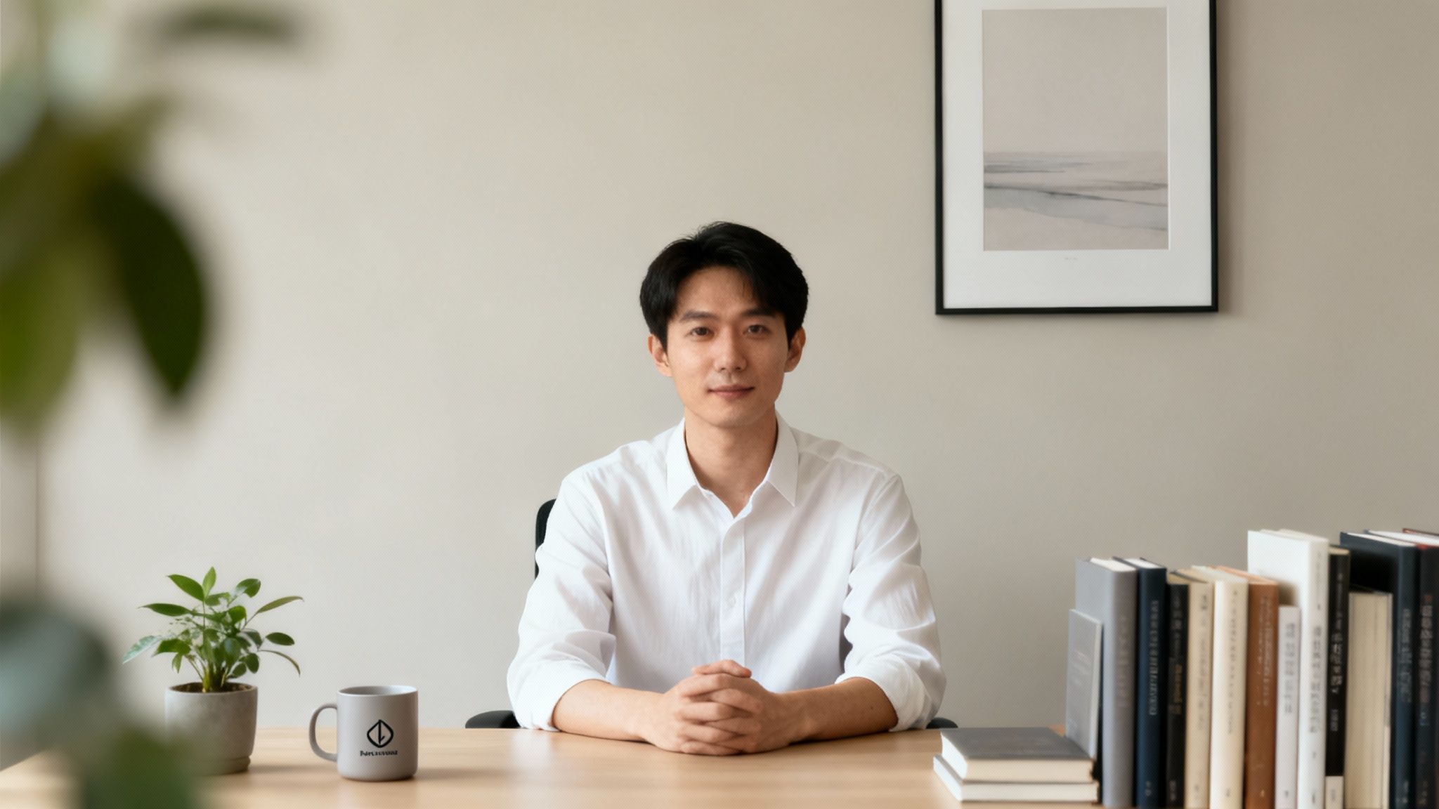 A professional young man sits at his organized desk, ready for a virtual interview.