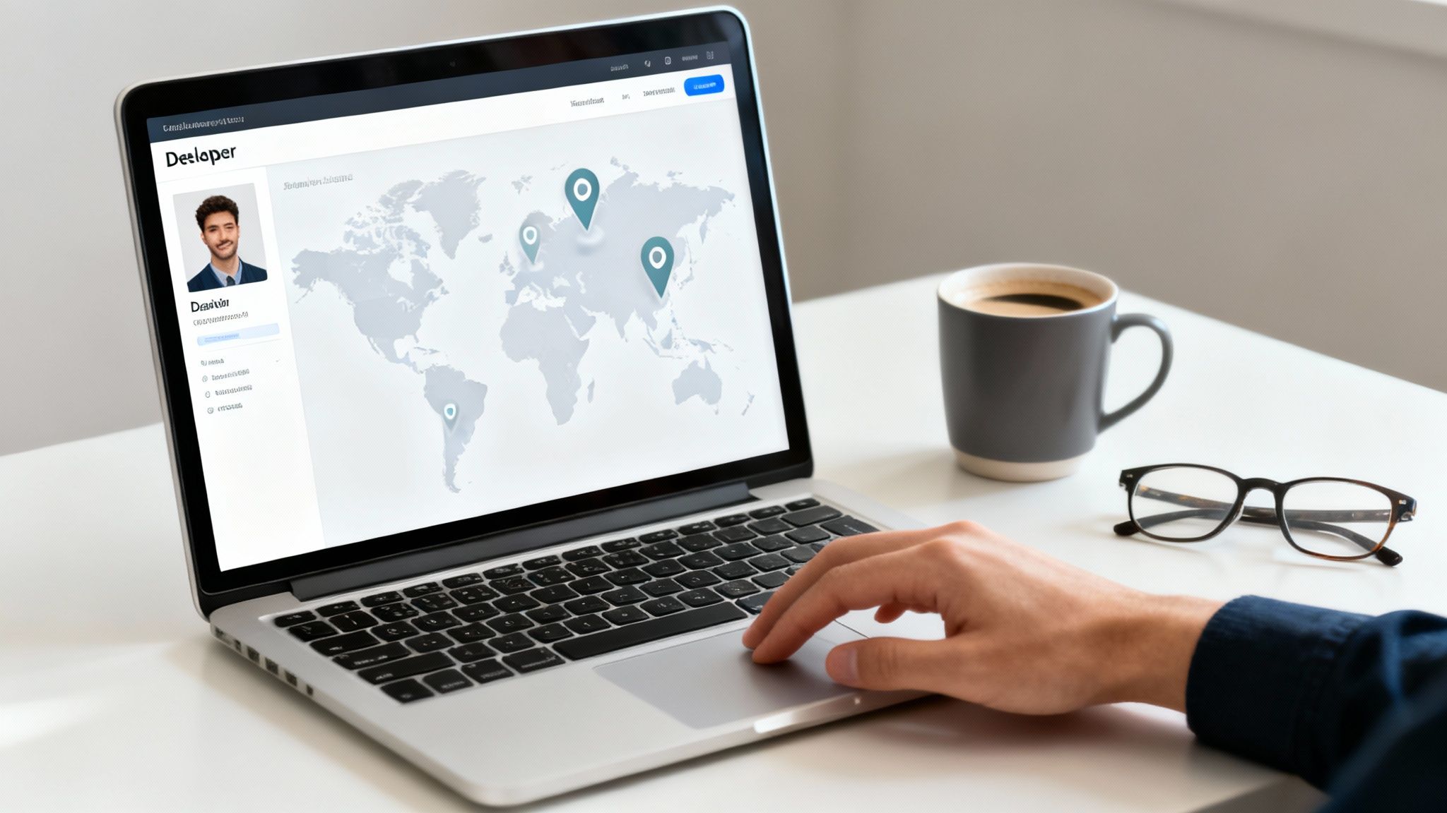 Person using laptop viewing developer profile with world map showing global remote team locations