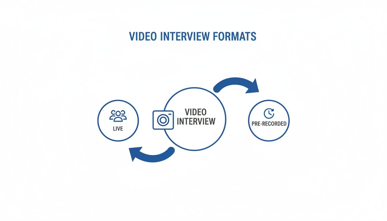 Diagram illustrating video interview formats, showing a central video interview connected to live and pre-recorded options.