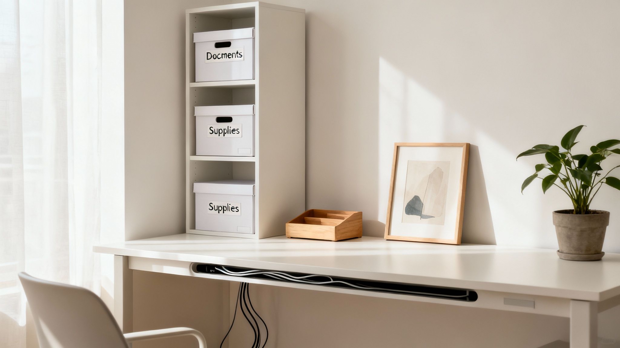 Person organizing their clean and modern home office desk