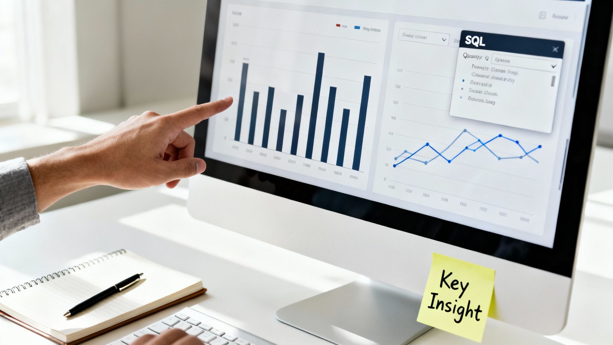A person's hand points at a computer screen displaying various data visualizations and charts, with a 'Key Insight' sticky note.