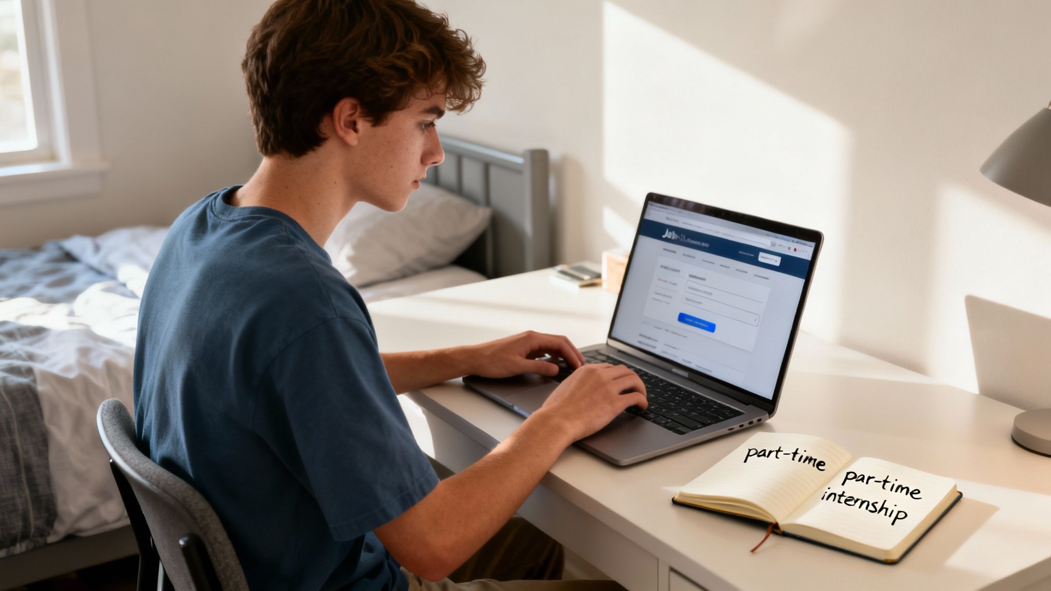 Young man searching for part-time jobs and internships on his laptop at a desk.