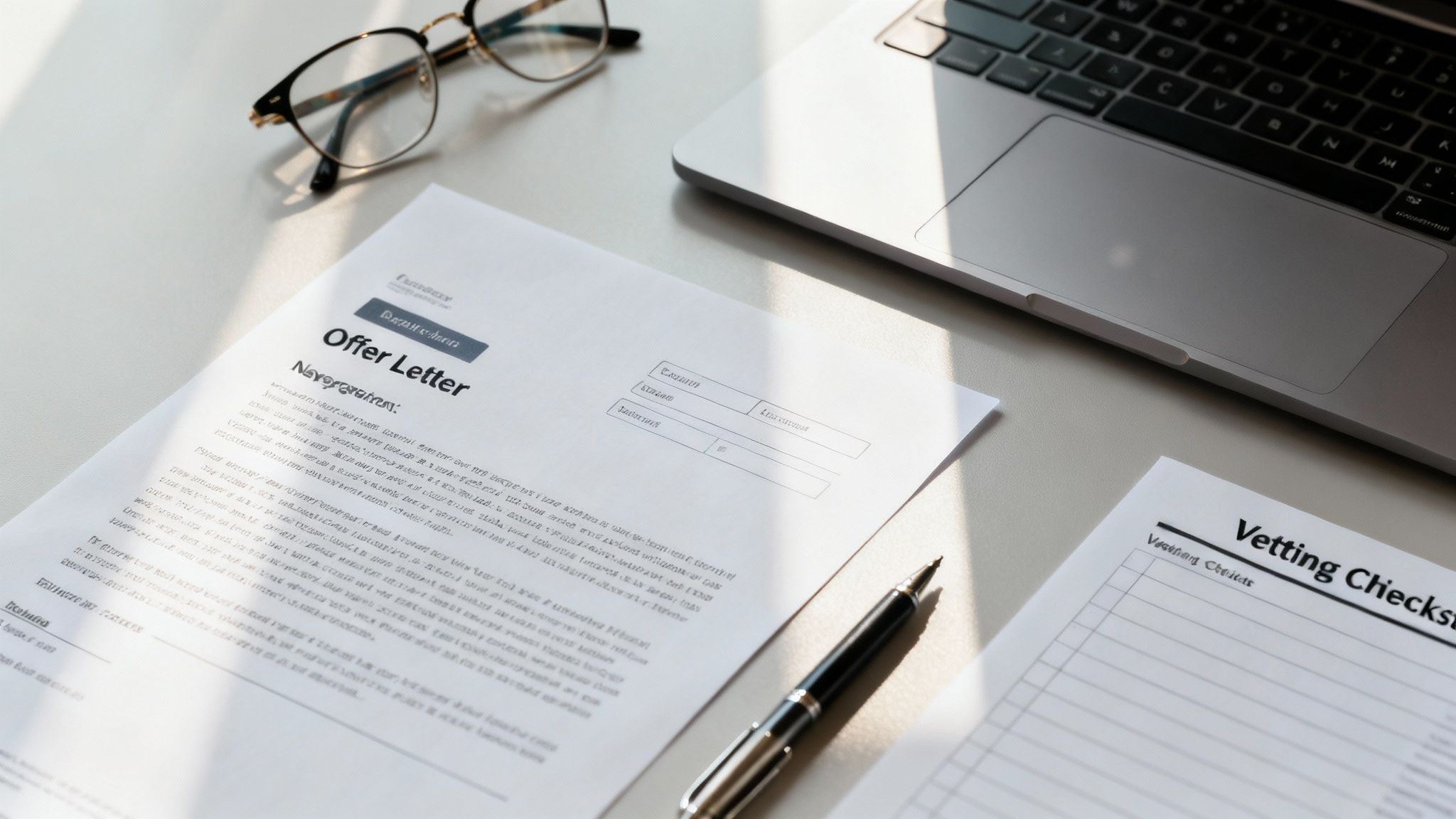 An offer letter, vetting checklist, laptop, eyeglasses, and pen on a clean, bright desk.