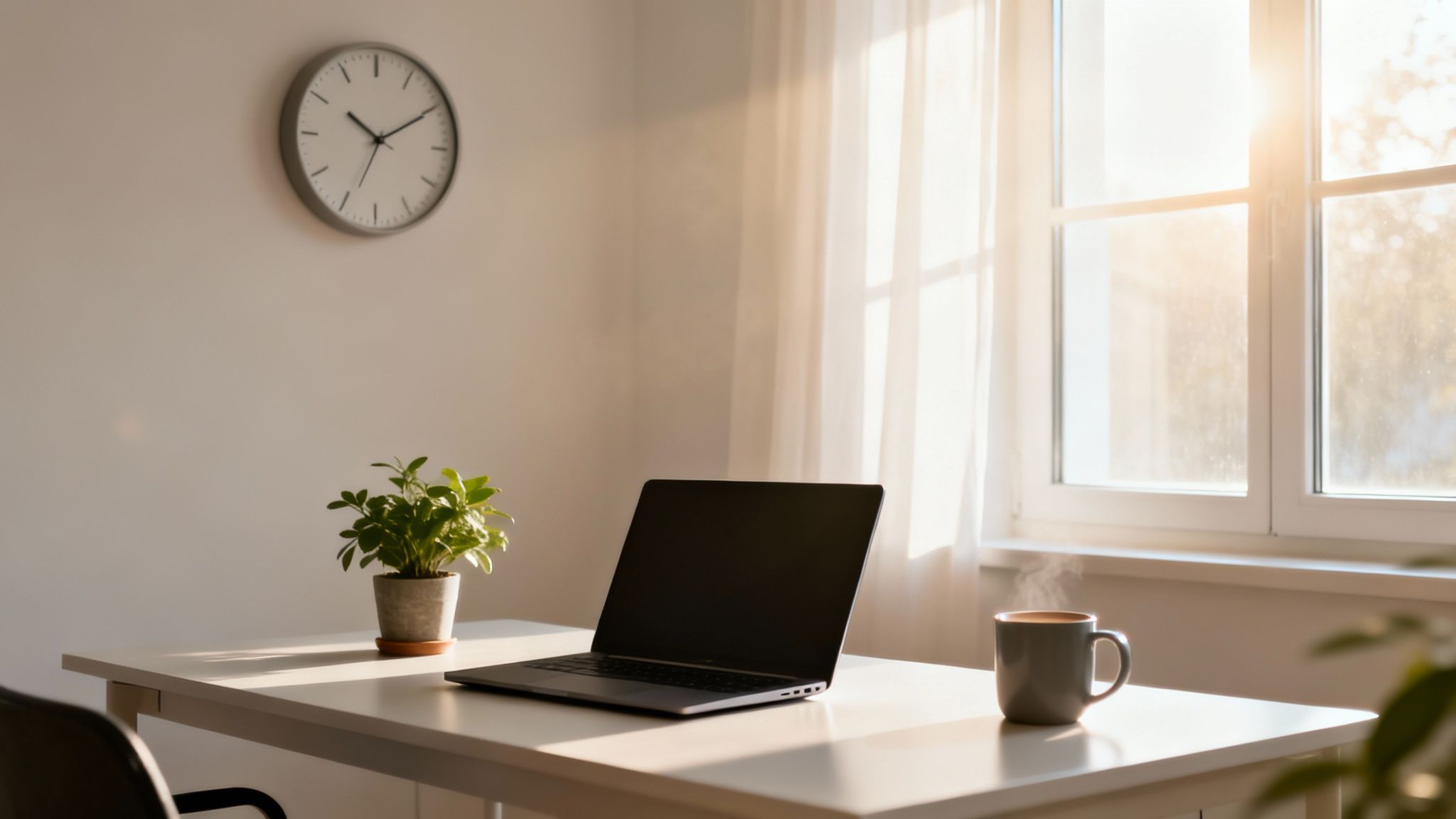 Bright home office desk with a laptop, plant, steaming coffee mug, and wall clock.