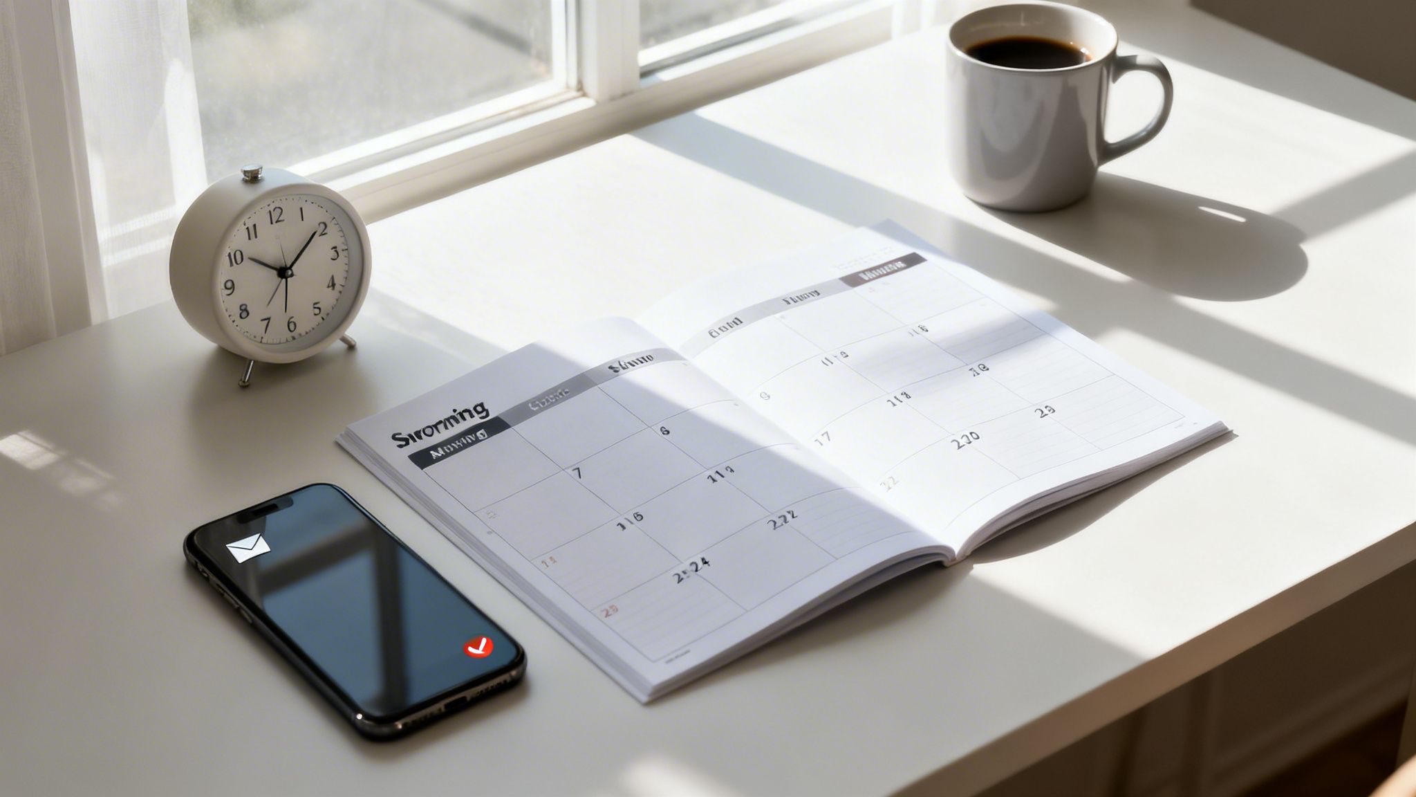 A bright workspace with an open planner, alarm clock, coffee mug, and smartphone on a white desk bathed in sunlight.