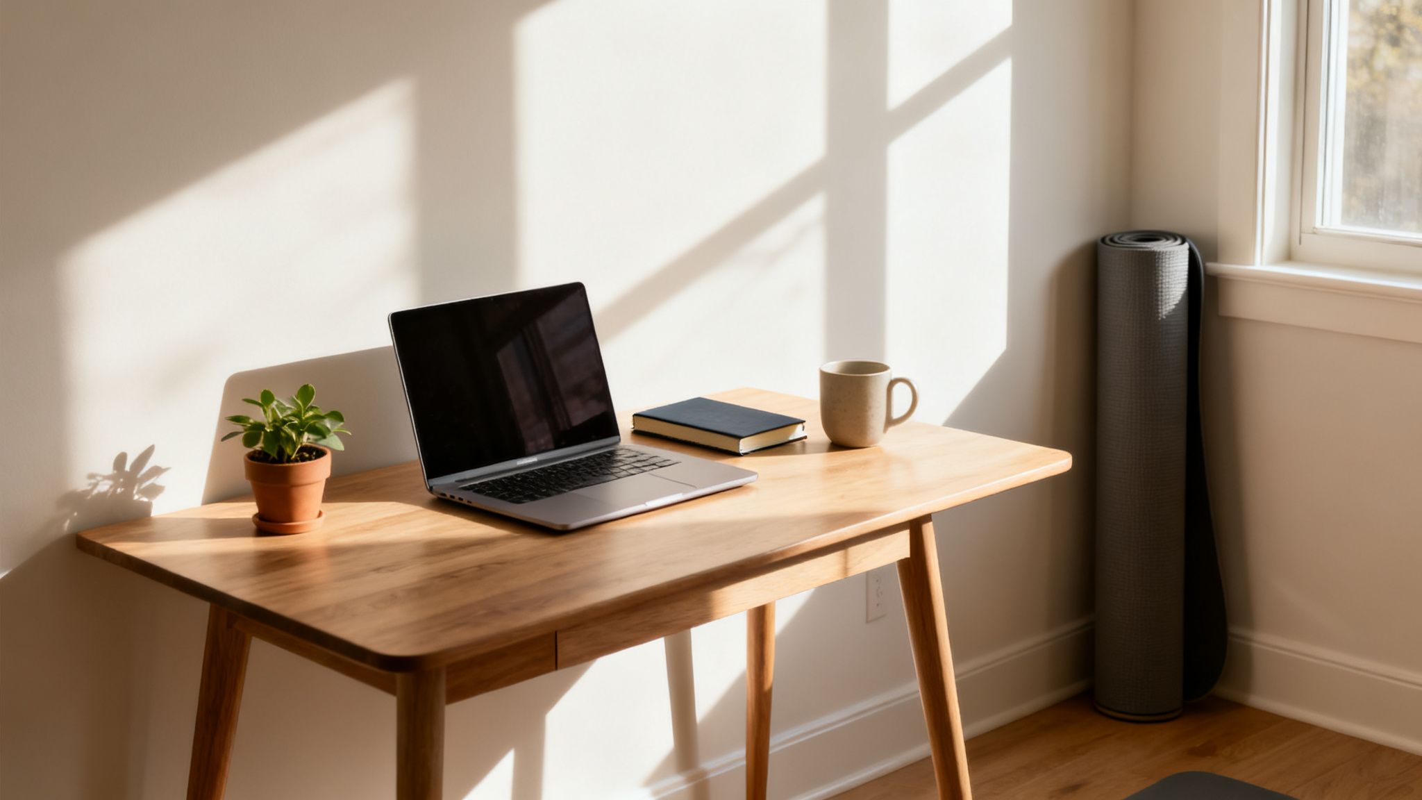 A bright home office setup with a laptop, plant, and coffee mug on a wooden desk.