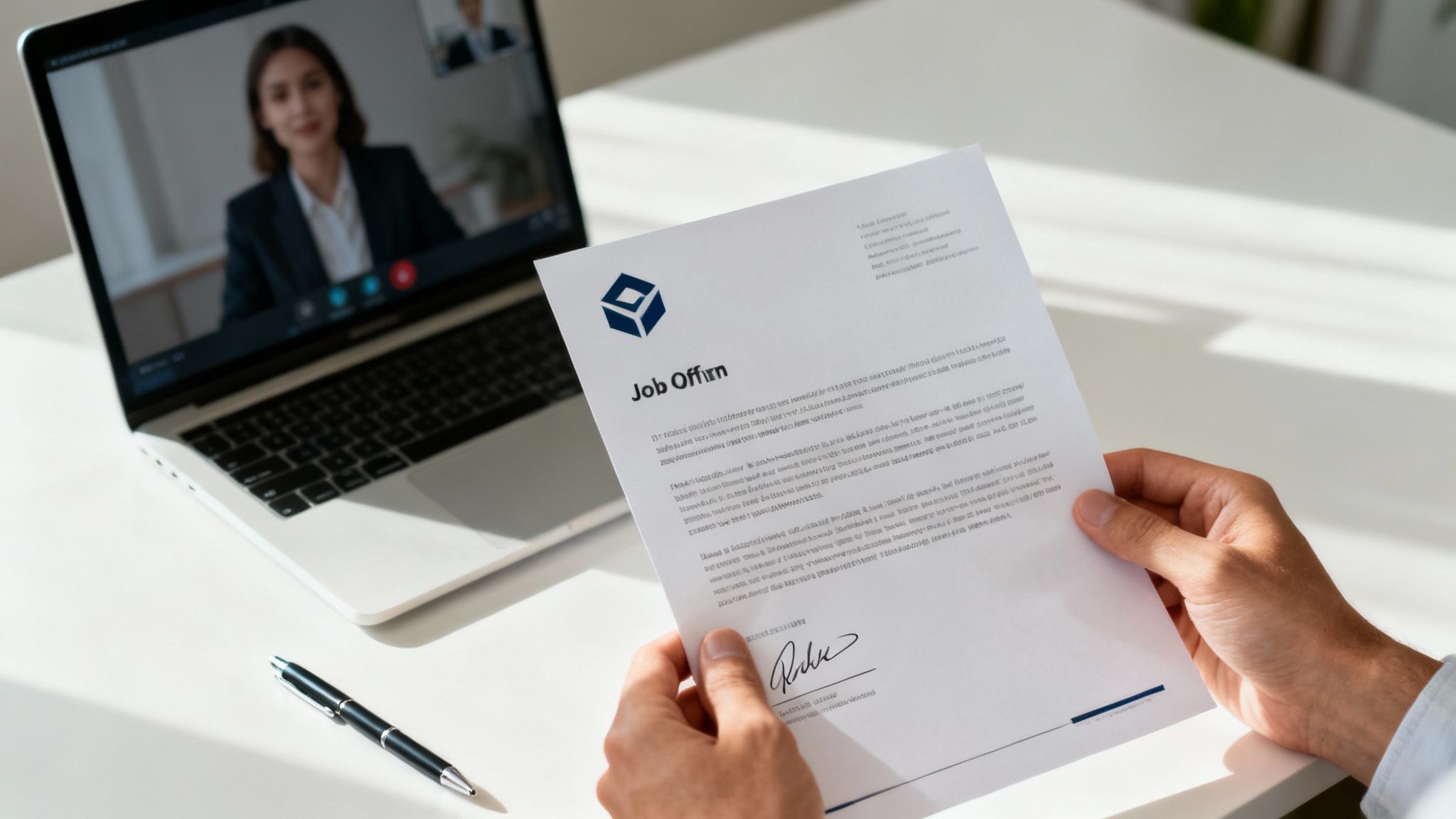 A person at a desk looking at a job offer on a laptop screen