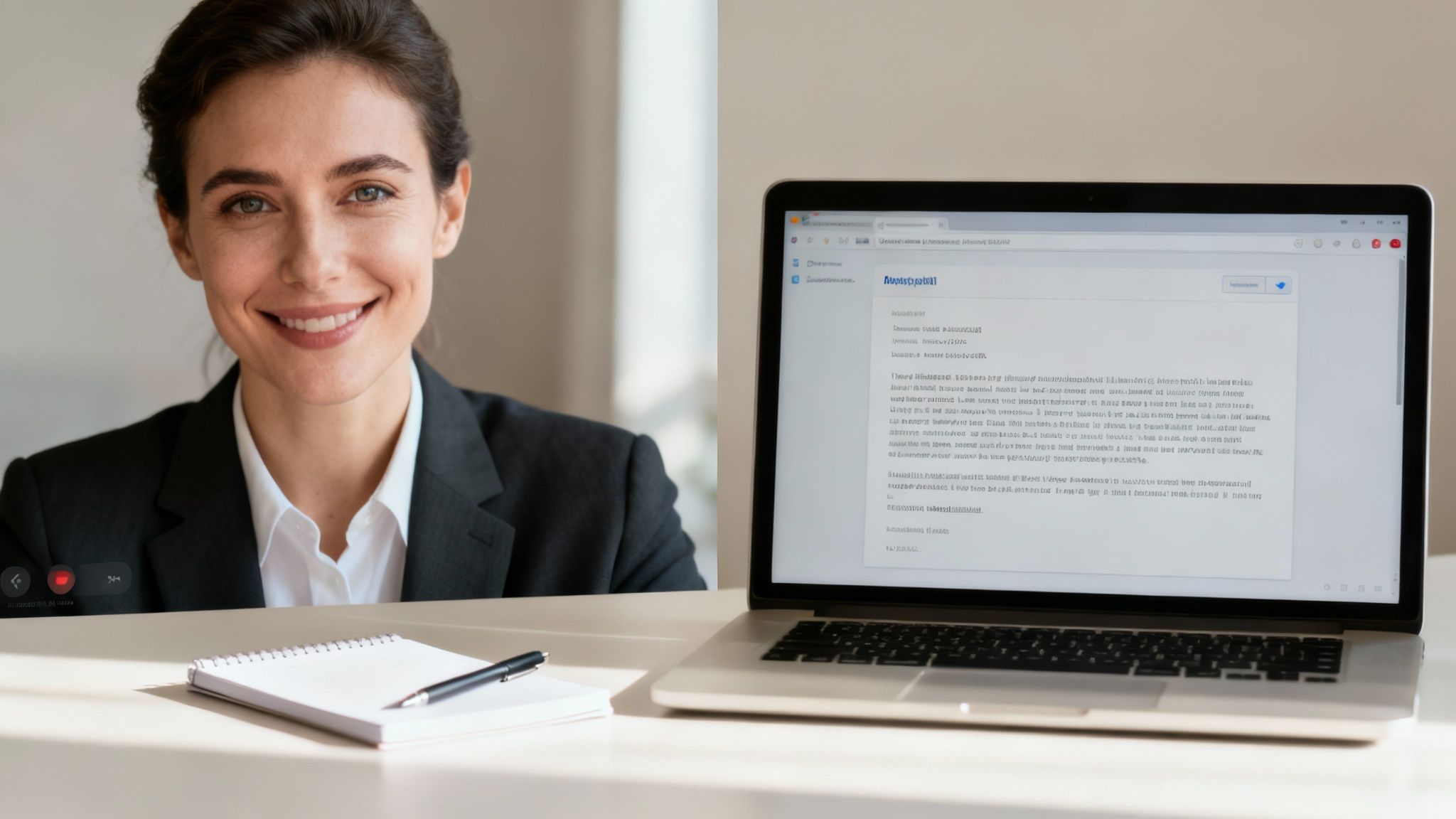 Smiling businesswoman on a video call, with a laptop, notepad, and pen on a desk.