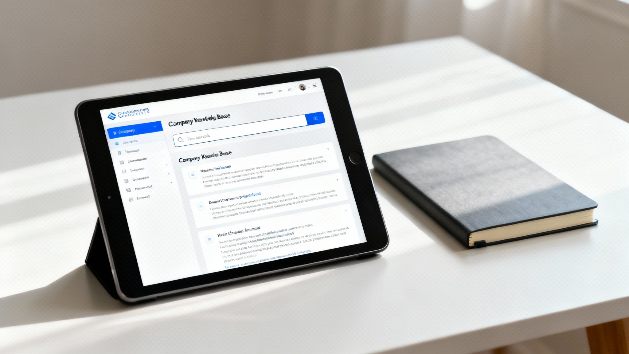 Tablet displaying company knowledge base interface on white desk next to notebook