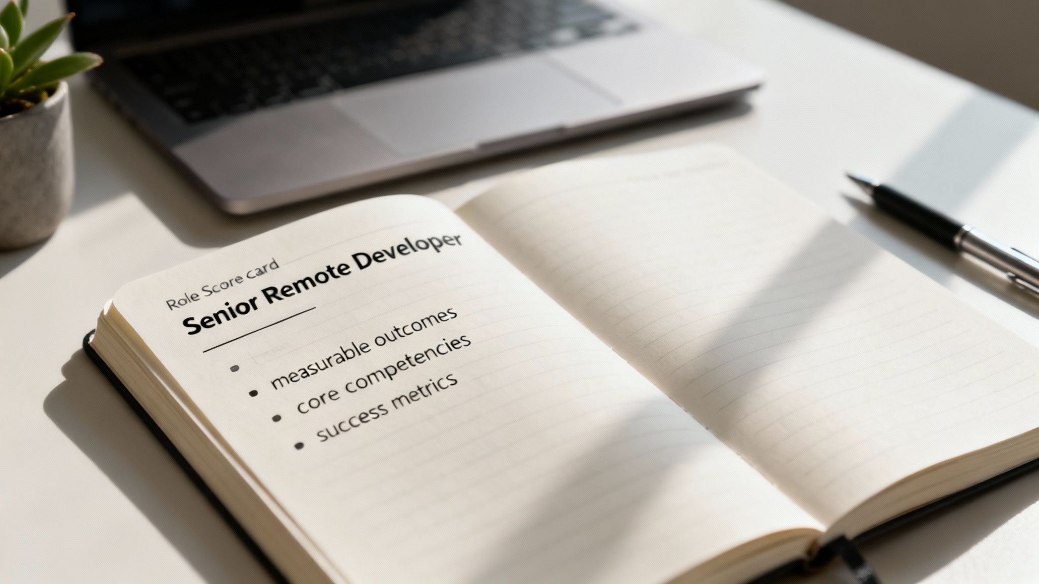 Senior remote developer role scorecard showing measurable outcomes, core competencies, and success metrics on desk