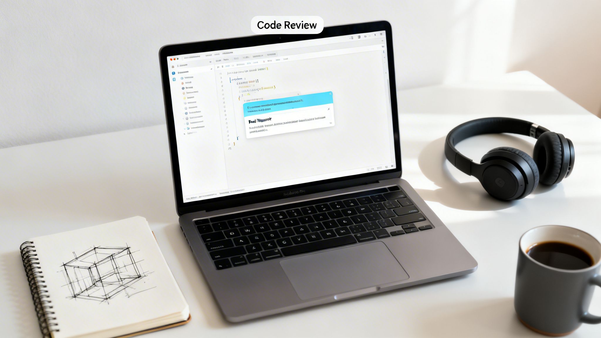 A MacBook Pro displaying code review software, with headphones, a sketchbook, and coffee on a white desk.