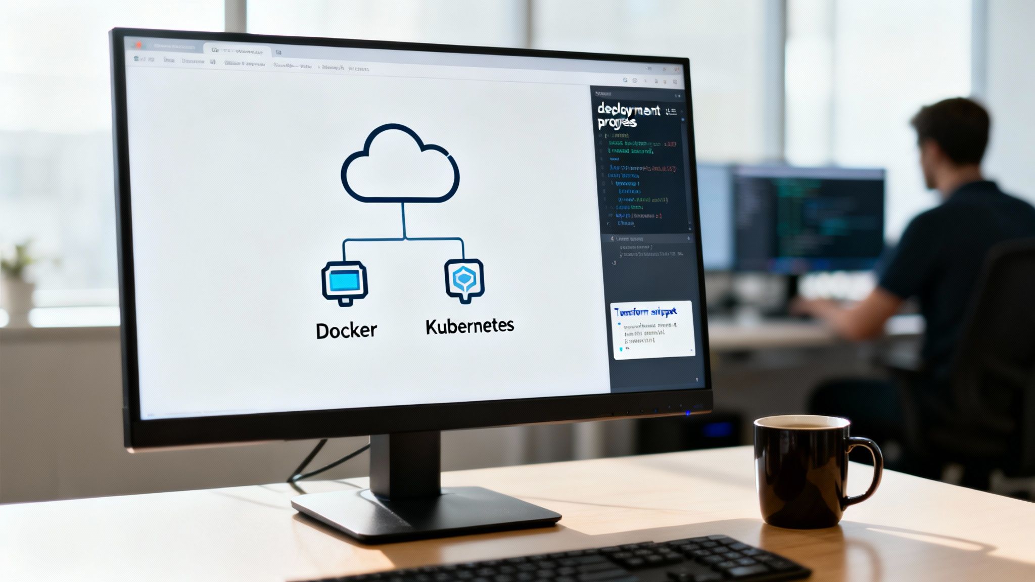 A computer screen displays a cloud architecture diagram with Docker and Kubernetes, showing deployment progress.